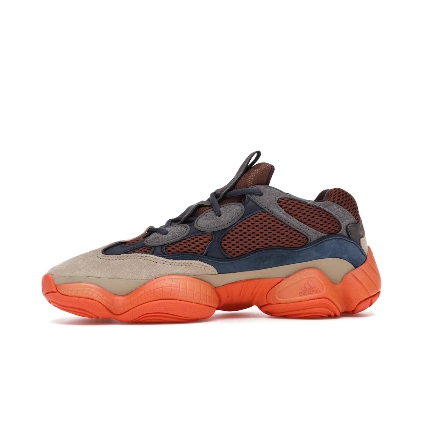 adidas Yeezy 500 Enflame - Image 18 - Only at www.BallersClubKickz.com - Step into style with the adidas Yeezy 500 Enflame. Mix of mesh, leather, and suede layered together to create tonal-brown, dark blue, & orange. Orange AdiPRENE sole provides superior cushioning & comfort. Get yours and experience maximum style.