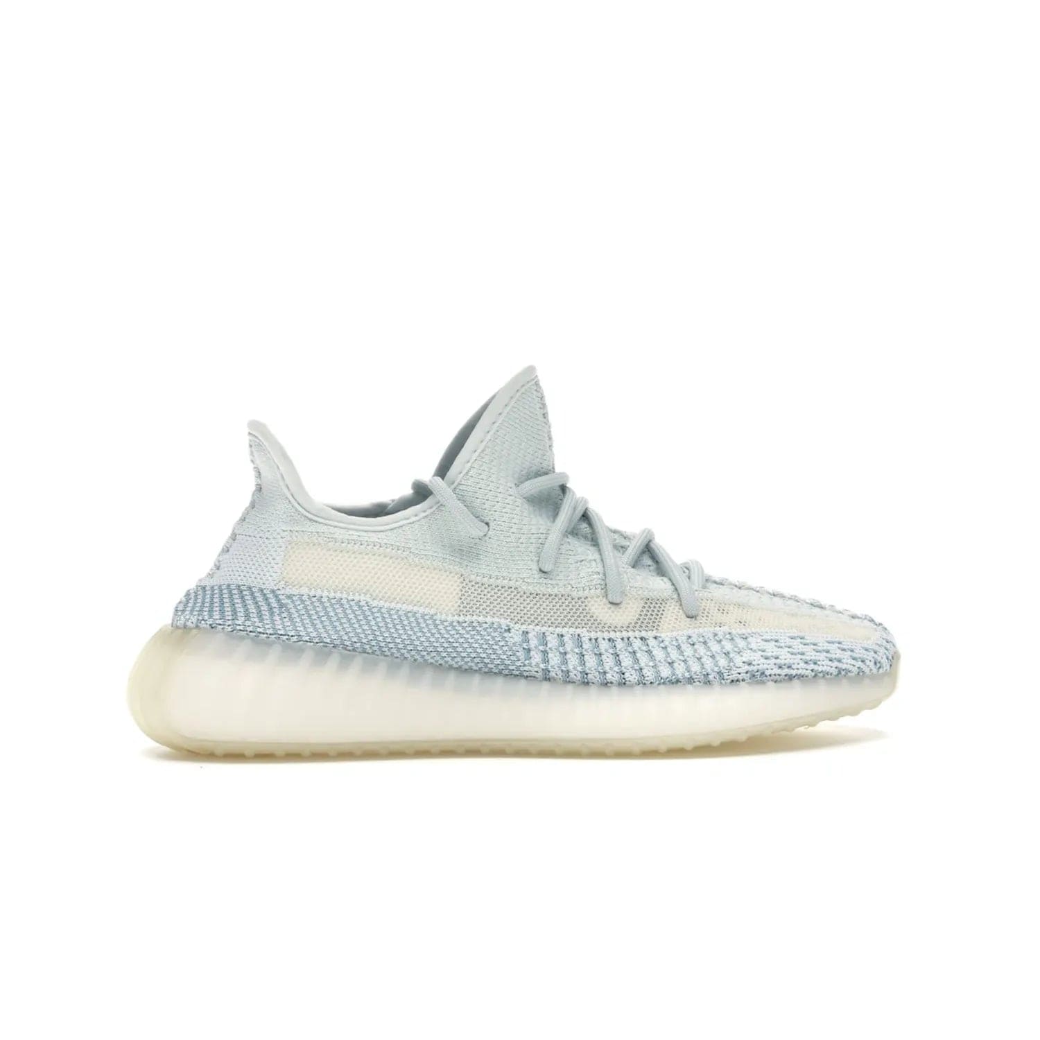 adidas Yeezy Boost 350 V2 Cloud White (Non-Reflective) - Image 36 - Only at www.BallersClubKickz.com - Uniquely designed adidas Yeezy Boost 350 V2 Cloud White (Non-Reflective) with a Primeknit upper in shades of cream and blue with a contrasting hard sole. A fashion-forward sneaker with a transparent strip and blue-and-white patterns.