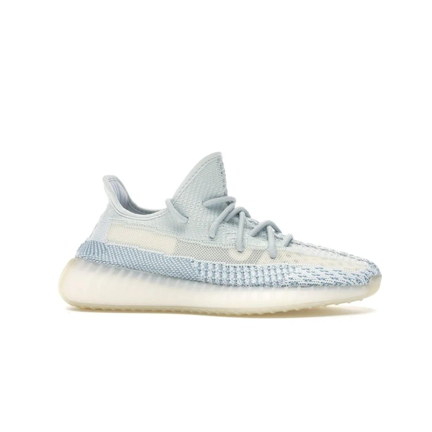 adidas Yeezy Boost 350 V2 Cloud White (Non-Reflective) - Image 2 - Only at www.BallersClubKickz.com - Uniquely designed adidas Yeezy Boost 350 V2 Cloud White (Non-Reflective) with a Primeknit upper in shades of cream and blue with a contrasting hard sole. A fashion-forward sneaker with a transparent strip and blue-and-white patterns.