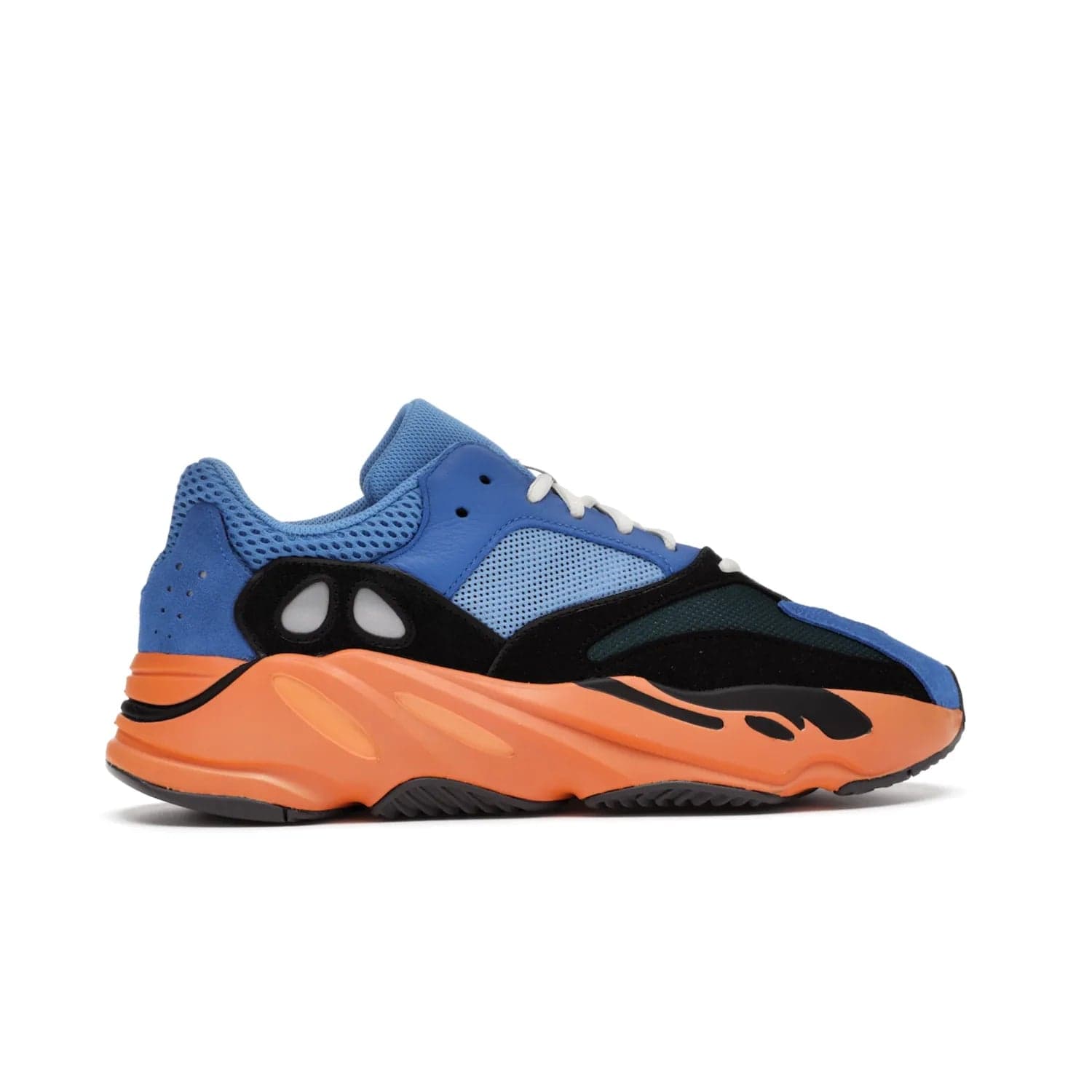 adidas Yeezy Boost 700 Bright Blue - Image 36 - Only at www.BallersClubKickz.com - Iconic sneaker style meets vibrant colour with the adidas Yeezy Boost 700 Bright Blue. Reflective accents, turquoise and teal panels, bright orange midsole and black outsole make for a bold release. April 2021.