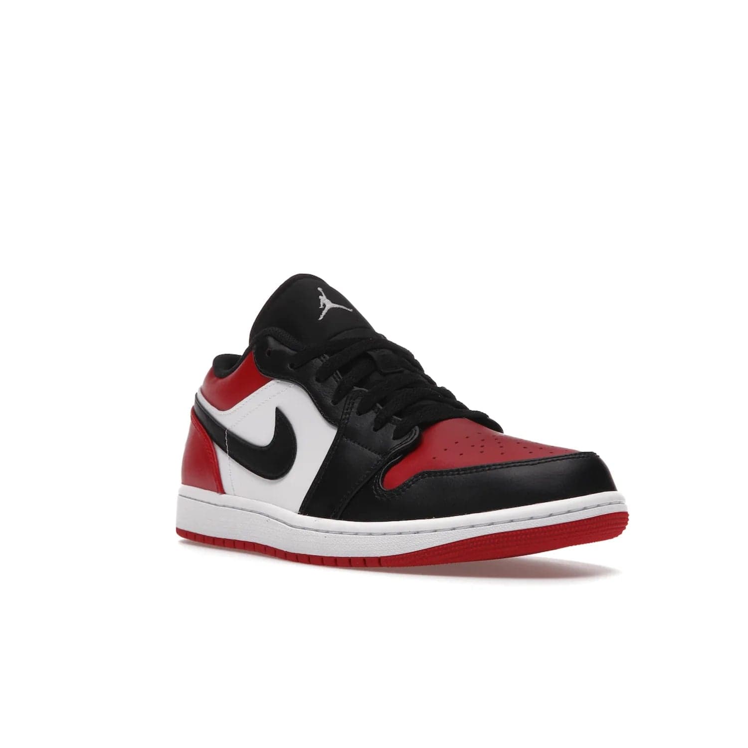 Jordan 1 Low Bred Toe - Image 6 - Only at www.BallersClubKickz.com - Step into the iconic Jordan 1 Retro. Mixing and matching of leather in red, black, and white makes for a unique colorway. Finished off with a Wing logo embroidery & Jumpman label. Comfortable and stylish at an affordable $100, the Jordan 1 Low Bred Toe is perfect for any true sneaker fan.