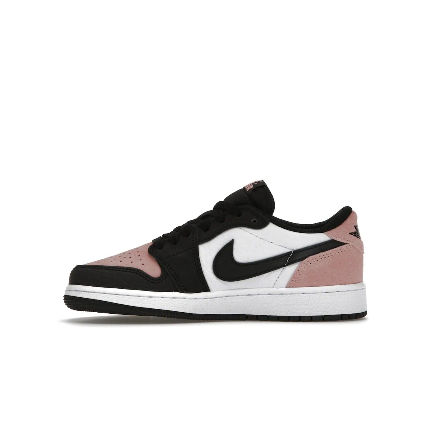 Jordan 1 Low OG Bleached Coral (GS) - Image 19 - Only at www.BallersClubKickz.com - Look cool and classic in the Air Jordan 1 Low OG Bleached Coral (Gradeschool). White leather upper with bleached coral accents, black toe and Swooshes, and perforated toe box for breathability. Style with jeans or shorts for an effortless look. Released July 2022.