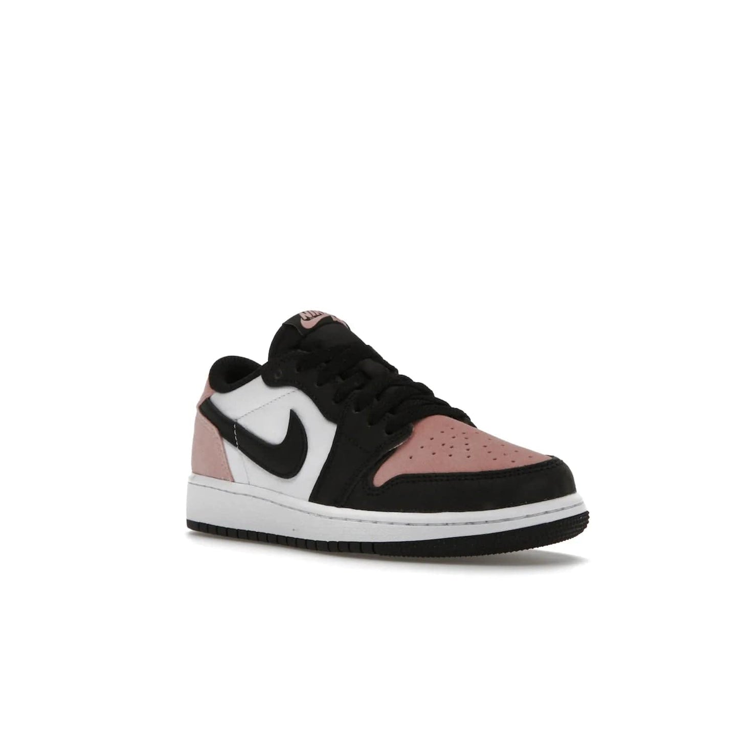 Jordan 1 Low OG Bleached Coral (GS) - Image 6 - Only at www.BallersClubKickz.com - Look cool and classic in the Air Jordan 1 Low OG Bleached Coral (Gradeschool). White leather upper with bleached coral accents, black toe and Swooshes, and perforated toe box for breathability. Style with jeans or shorts for an effortless look. Released July 2022.