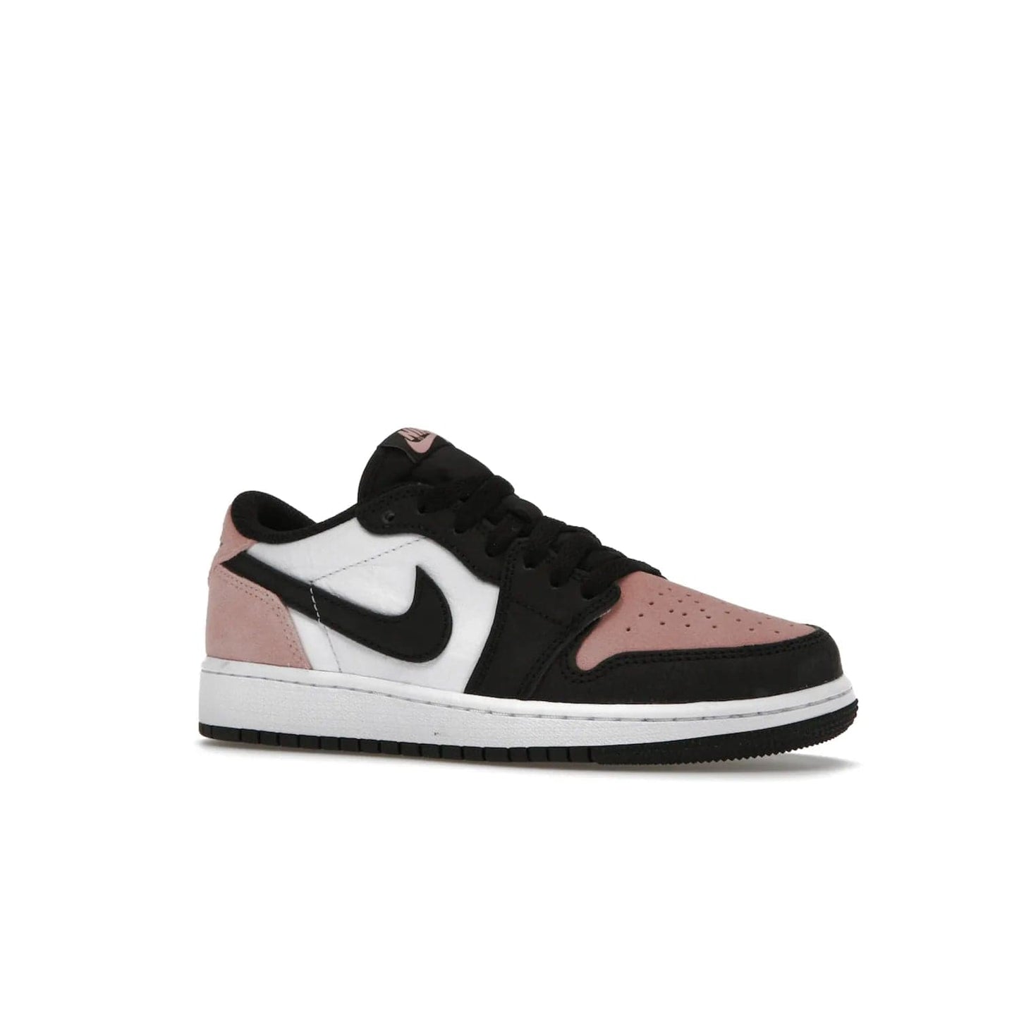 Jordan 1 Low OG Bleached Coral (GS) - Image 4 - Only at www.BallersClubKickz.com - Look cool and classic in the Air Jordan 1 Low OG Bleached Coral (Gradeschool). White leather upper with bleached coral accents, black toe and Swooshes, and perforated toe box for breathability. Style with jeans or shorts for an effortless look. Released July 2022.