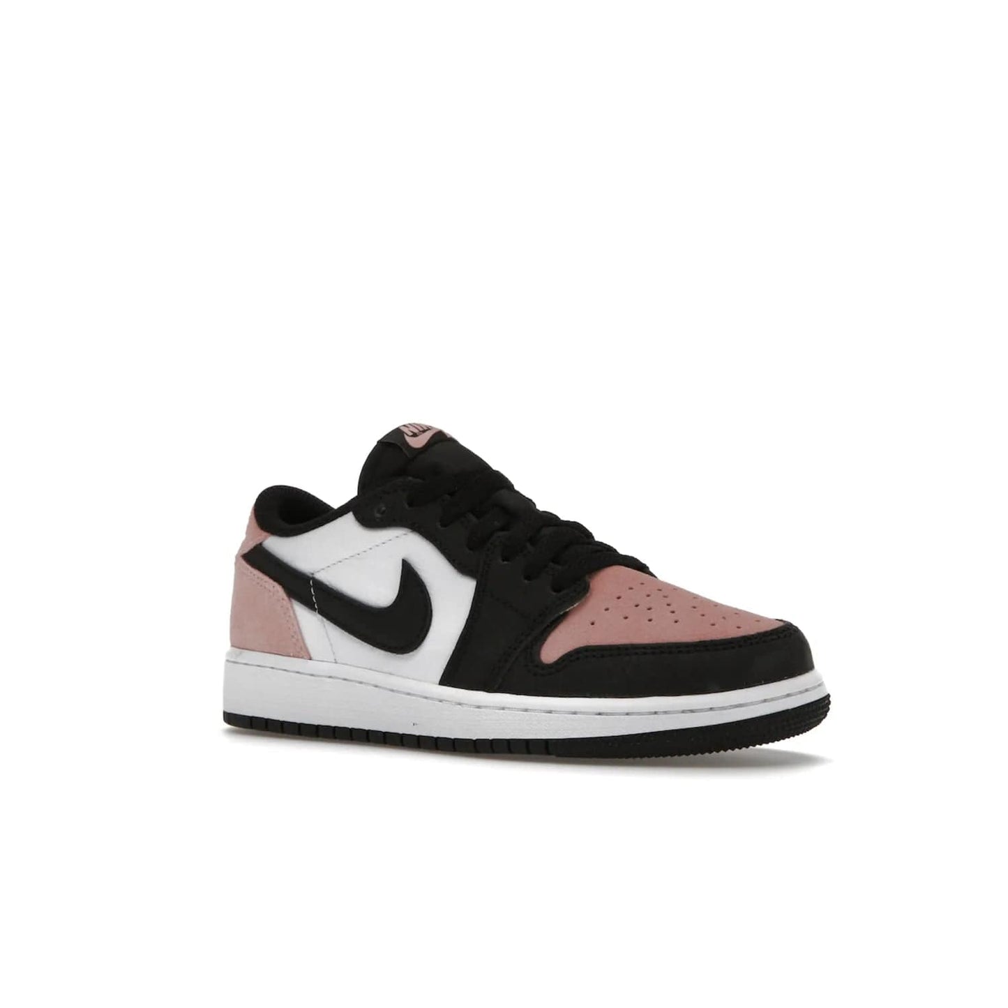 Jordan 1 Low OG Bleached Coral (GS) - Image 5 - Only at www.BallersClubKickz.com - Look cool and classic in the Air Jordan 1 Low OG Bleached Coral (Gradeschool). White leather upper with bleached coral accents, black toe and Swooshes, and perforated toe box for breathability. Style with jeans or shorts for an effortless look. Released July 2022.