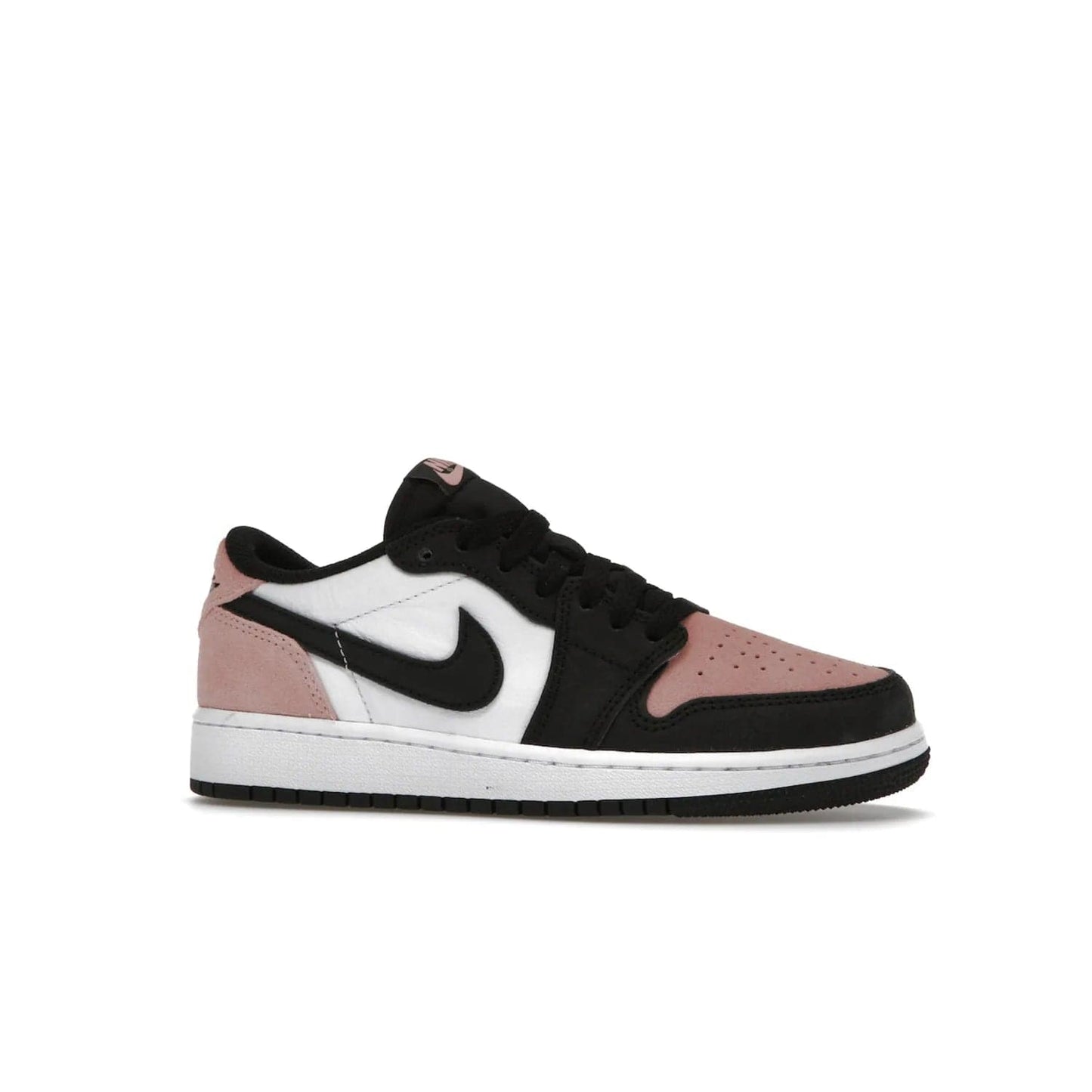 Jordan 1 Low OG Bleached Coral (GS) - Image 3 - Only at www.BallersClubKickz.com - Look cool and classic in the Air Jordan 1 Low OG Bleached Coral (Gradeschool). White leather upper with bleached coral accents, black toe and Swooshes, and perforated toe box for breathability. Style with jeans or shorts for an effortless look. Released July 2022.