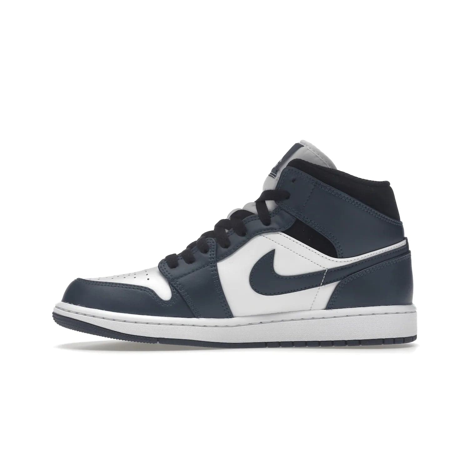 Jordan 1 Mid Armory Navy - Image 19 - Only at www.BallersClubKickz.com - The Jordan 1 Mid Armory Navy: classic basketball sneaker with soft white leather upper, deep navy blue overlays, and black leather ankle detailing. Iconic style with Jordan Wings logo and Jumpman label.