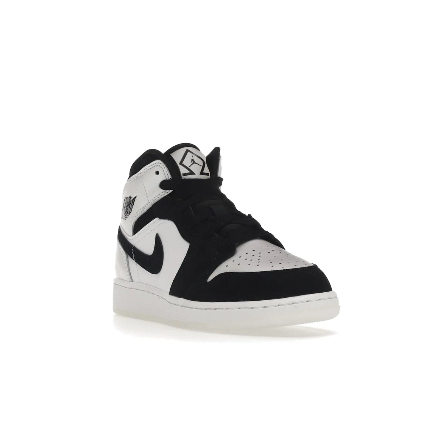 Jordan 1 Mid Diamond Shorts (GS) - Image 7 - Only at www.BallersClubKickz.com - Get the Jordan 1 Mid Diamond Shorts GS on 9th Feb 2022! Features a white, black & suede design with nylon tongue, stamped wings logo, rubber midsole & outsole. Only $100!