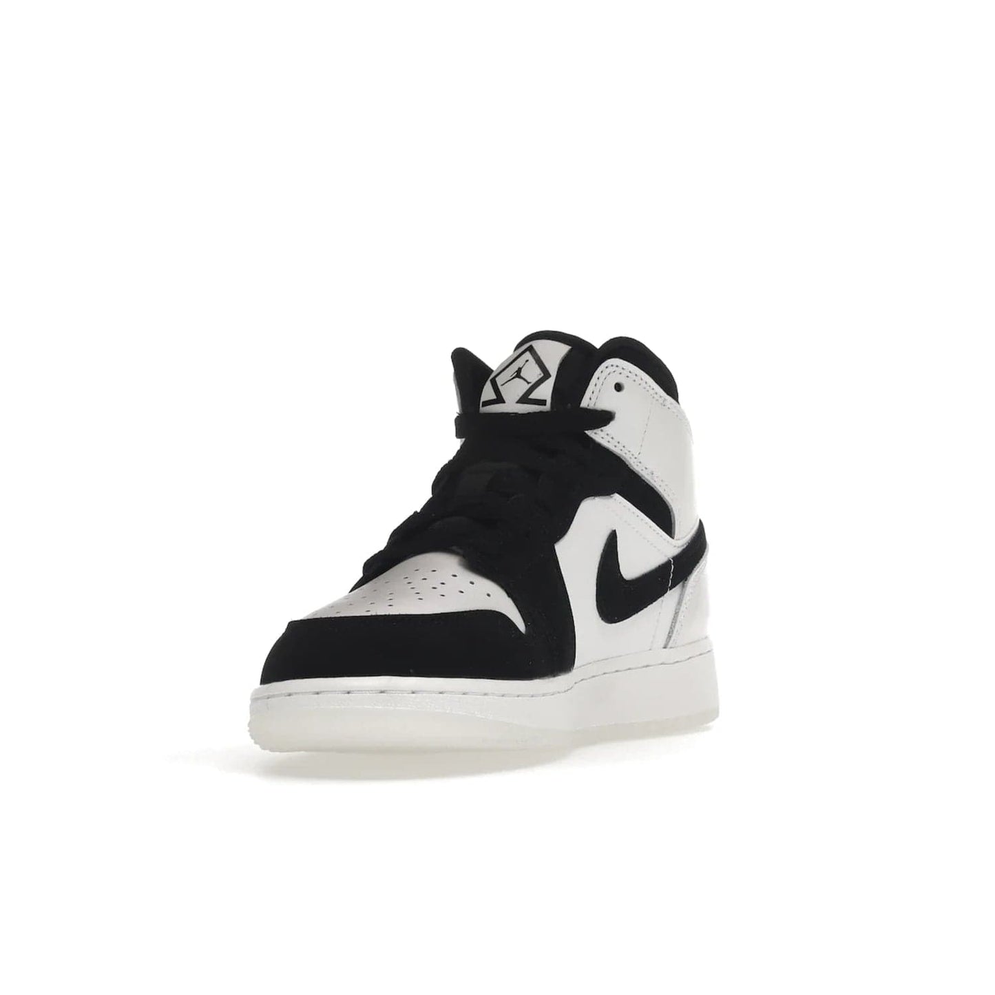 Jordan 1 Mid Diamond Shorts (GS) - Image 13 - Only at www.BallersClubKickz.com - Get the Jordan 1 Mid Diamond Shorts GS on 9th Feb 2022! Features a white, black & suede design with nylon tongue, stamped wings logo, rubber midsole & outsole. Only $100!