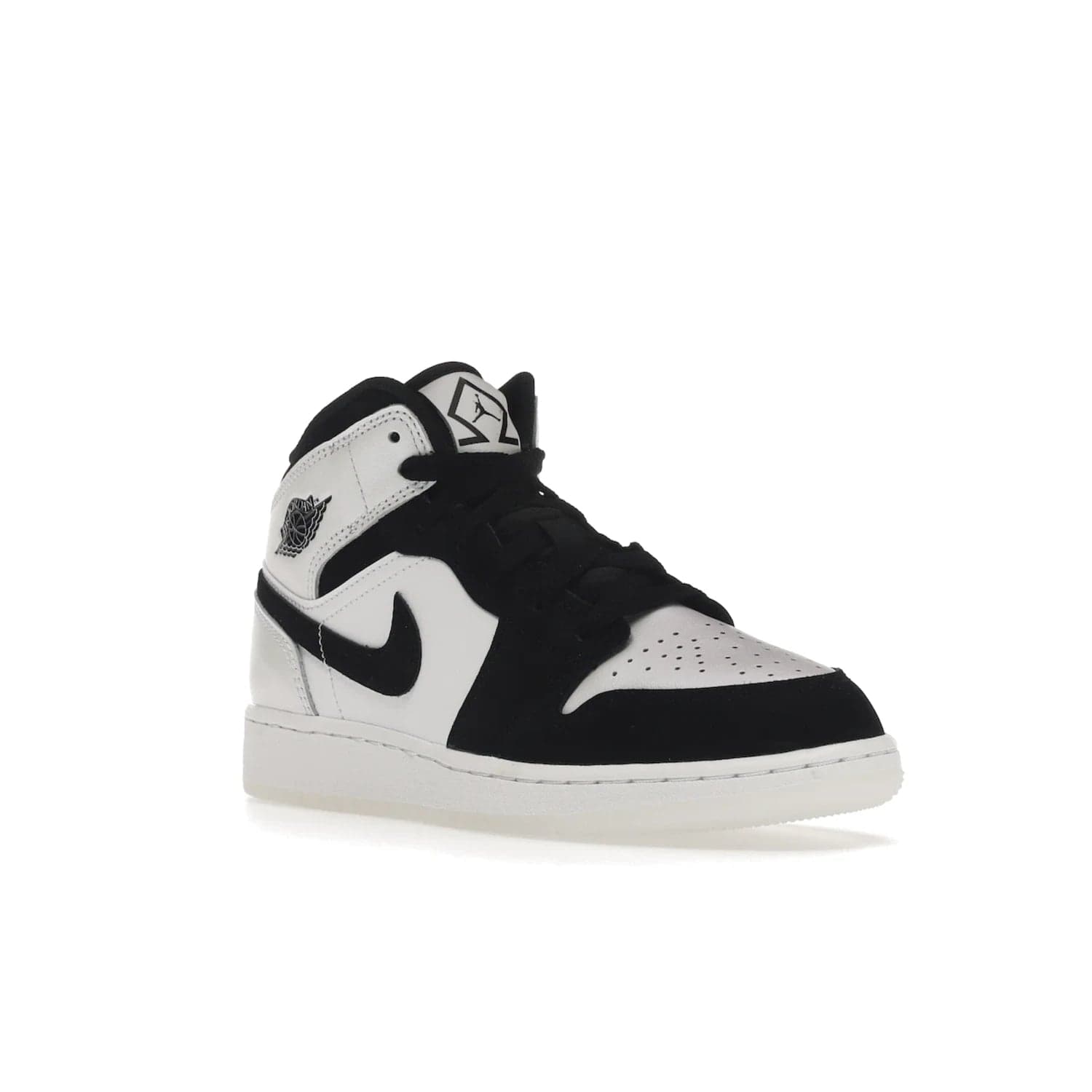 Jordan 1 Mid Diamond Shorts (GS) - Image 6 - Only at www.BallersClubKickz.com - Get the Jordan 1 Mid Diamond Shorts GS on 9th Feb 2022! Features a white, black & suede design with nylon tongue, stamped wings logo, rubber midsole & outsole. Only $100!