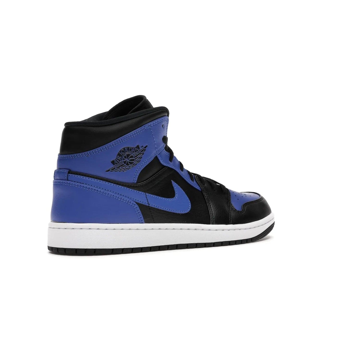 Jordan 1 Mid Hyper Royal Tumbled Leather - Image 33 - Only at www.BallersClubKickz.com - Iconic colorway of the Air Jordan 1 Mid Black Royal Tumbled Leather. Features a black tumbled leather upper, royal blue leather overlays, white midsole & black rubber outsole. Released December 2020. Adds premium style to any collection.