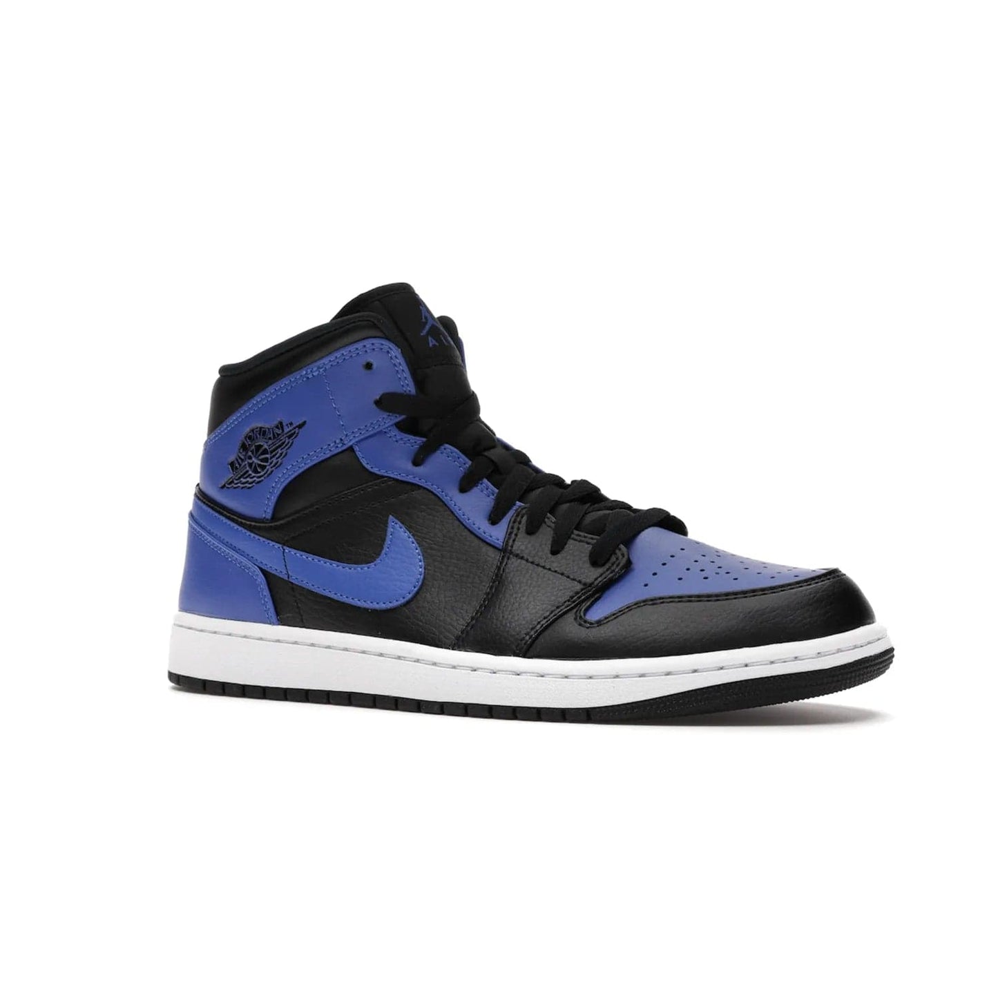 Jordan 1 Mid Hyper Royal Tumbled Leather - Image 4 - Only at www.BallersClubKickz.com - Iconic colorway of the Air Jordan 1 Mid Black Royal Tumbled Leather. Features a black tumbled leather upper, royal blue leather overlays, white midsole & black rubber outsole. Released December 2020. Adds premium style to any collection.