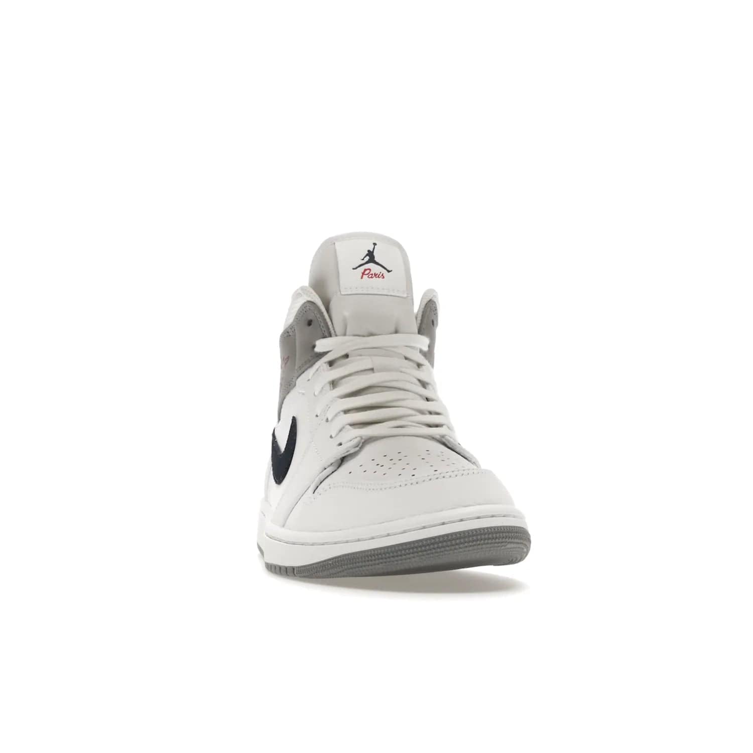 Jordan 1 Mid Paris White - Image 9 - Only at www.BallersClubKickz.com - Snag the Air Jordan 1 Mid Paris White to add a statement of sophistication to any sneaker collection. Featuring Nike swoosh logo in midnight navy suede and Jumpman symbol in University Red.