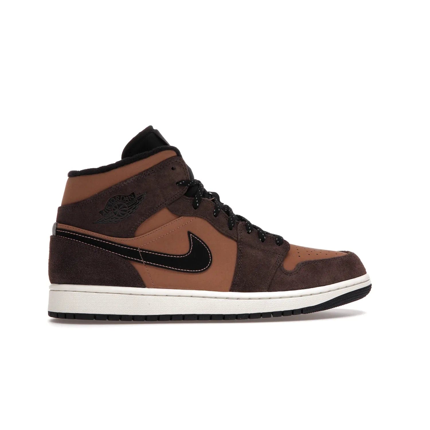 Jordan 1 Mid SE Dark Chocolate - Image 36 - Only at www.BallersClubKickz.com - This fashionable and functional Jordan 1 Mid SE Dark Chocolate features a light brown Durabuck upper, dark brown suede overlays, black Swoosh logos and reflective patch at heel. A must-have for any sneakerhead!