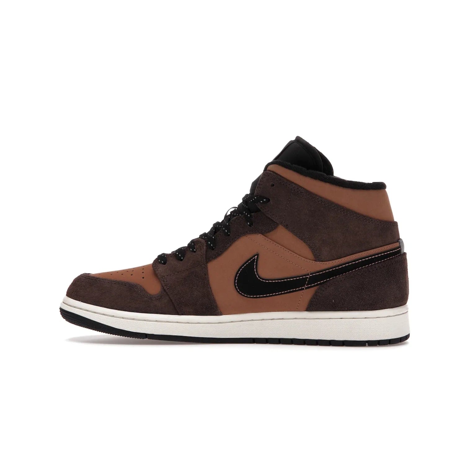 Jordan 1 Mid SE Dark Chocolate - Image 20 - Only at www.BallersClubKickz.com - This fashionable and functional Jordan 1 Mid SE Dark Chocolate features a light brown Durabuck upper, dark brown suede overlays, black Swoosh logos and reflective patch at heel. A must-have for any sneakerhead!