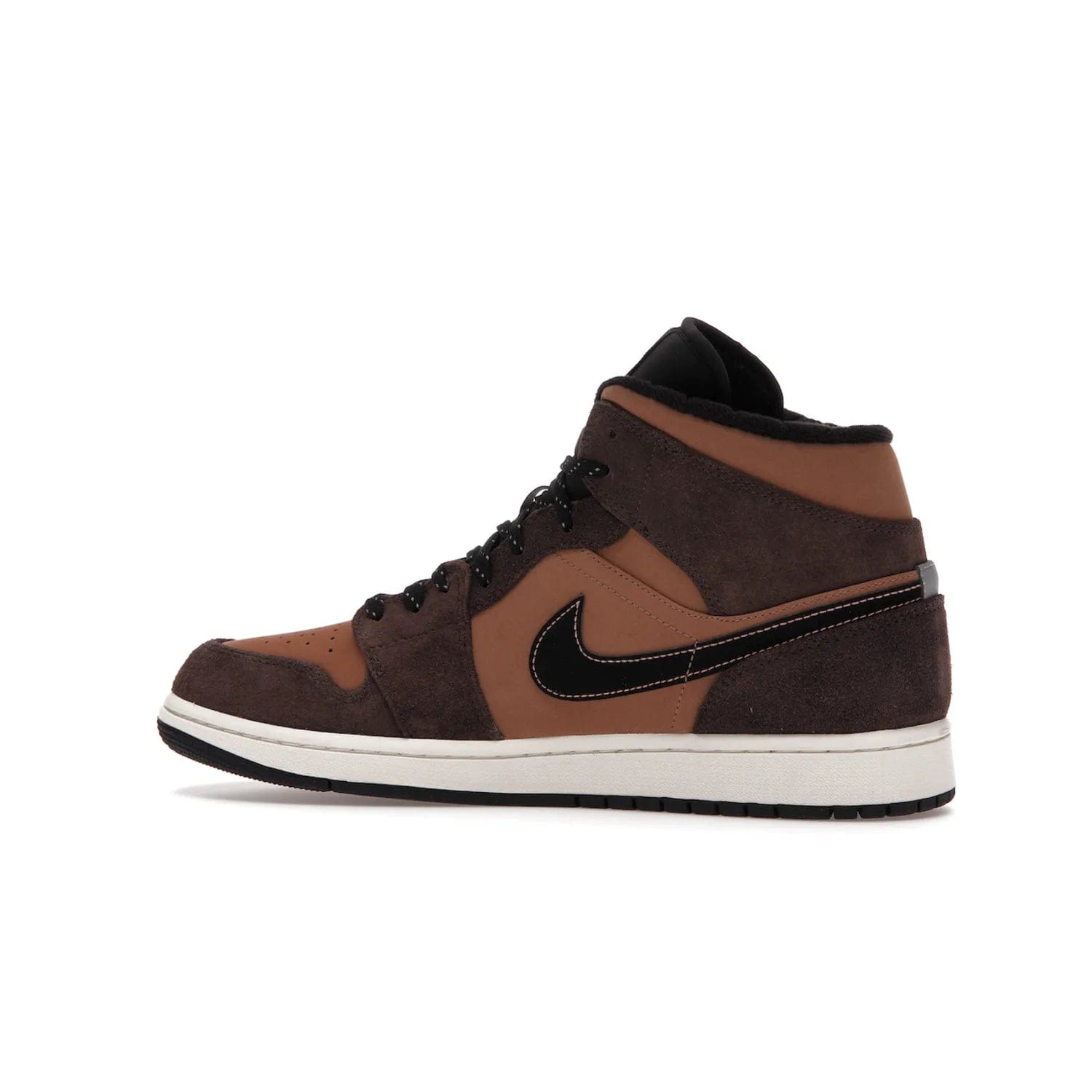 Jordan 1 Mid SE Dark Chocolate - Image 21 - Only at www.BallersClubKickz.com - This fashionable and functional Jordan 1 Mid SE Dark Chocolate features a light brown Durabuck upper, dark brown suede overlays, black Swoosh logos and reflective patch at heel. A must-have for any sneakerhead!
