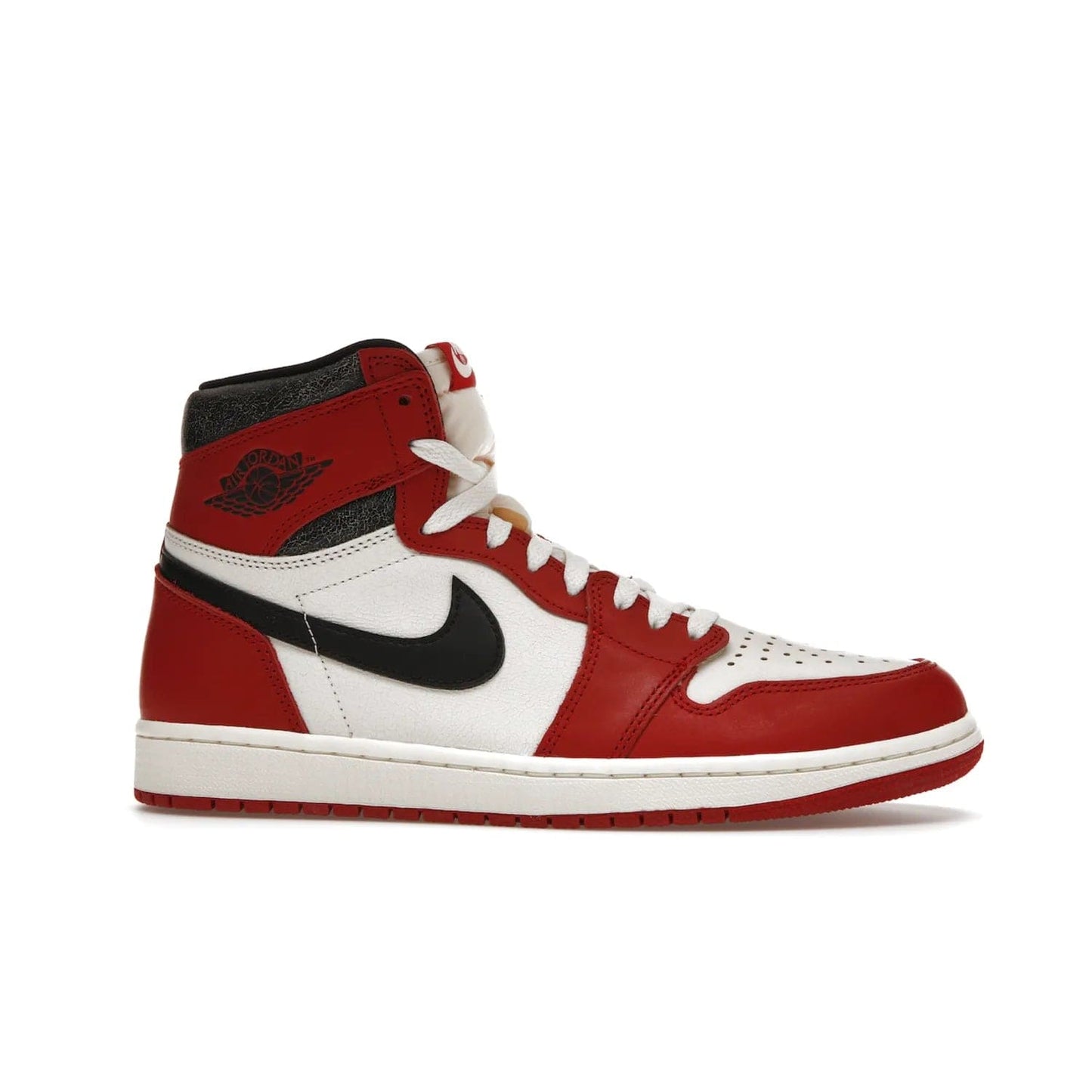Jordan 1 Retro High OG Chicago Lost and Found - Image 2 - Only at www.BallersClubKickz.com - Be the envy of all sneakerheads with the Air Jordan 1 Retro High OG “Chicago Lost and Found”. This special edition shoe comes in a Varsity Red/Black-Sail-Muslin colorway and features crackled leather uppers and yellowed details for a unique, vintage look. Get your hands this rare release in November 2022.