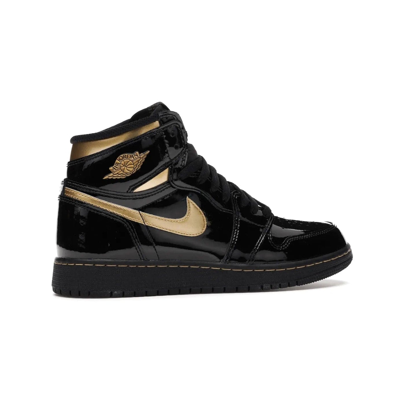 Jordan 1 Retro High Black Metallic Gold (2020) (GS) - Image 35 - Only at www.BallersClubKickz.com - Shop the Kids Air Jordan 1 Retro High in Black Metallic Gold for a stylish and comfortable sneaker kids can love. Featuring black and metallic gold patent leather uppers, metallic gold accents, and an Air sole unit for extra cushioning.