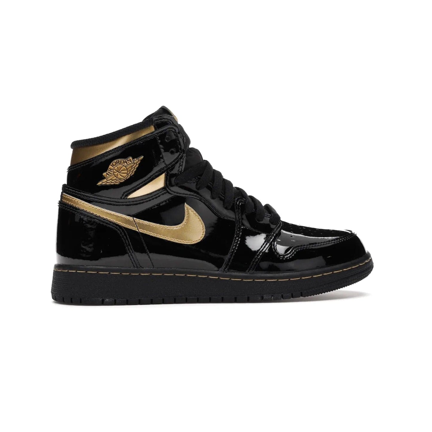 Jordan 1 Retro High Black Metallic Gold (2020) (GS) - Image 36 - Only at www.BallersClubKickz.com - Shop the Kids Air Jordan 1 Retro High in Black Metallic Gold for a stylish and comfortable sneaker kids can love. Featuring black and metallic gold patent leather uppers, metallic gold accents, and an Air sole unit for extra cushioning.