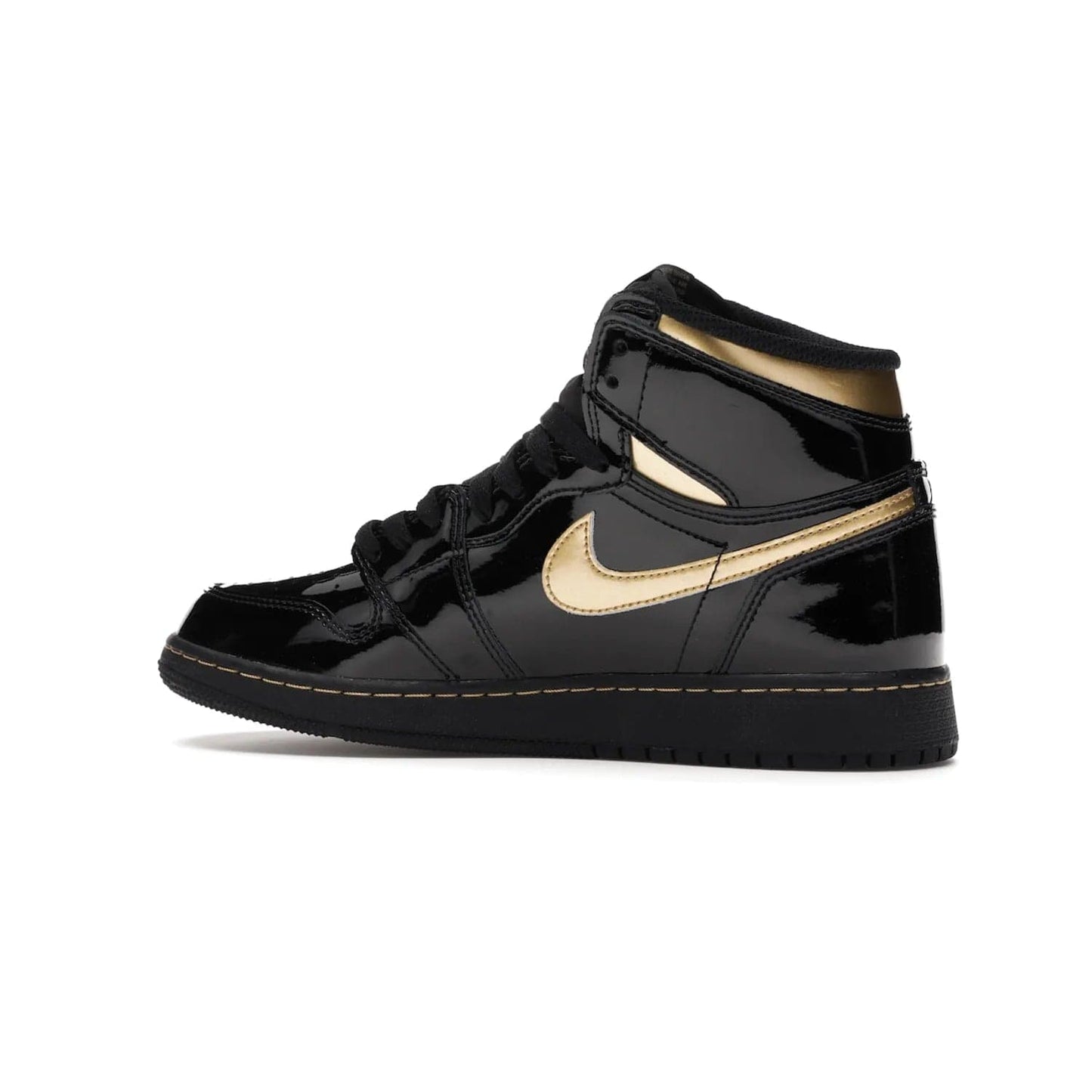 Jordan 1 Retro High Black Metallic Gold (2020) (GS) - Image 21 - Only at www.BallersClubKickz.com - Shop the Kids Air Jordan 1 Retro High in Black Metallic Gold for a stylish and comfortable sneaker kids can love. Featuring black and metallic gold patent leather uppers, metallic gold accents, and an Air sole unit for extra cushioning.