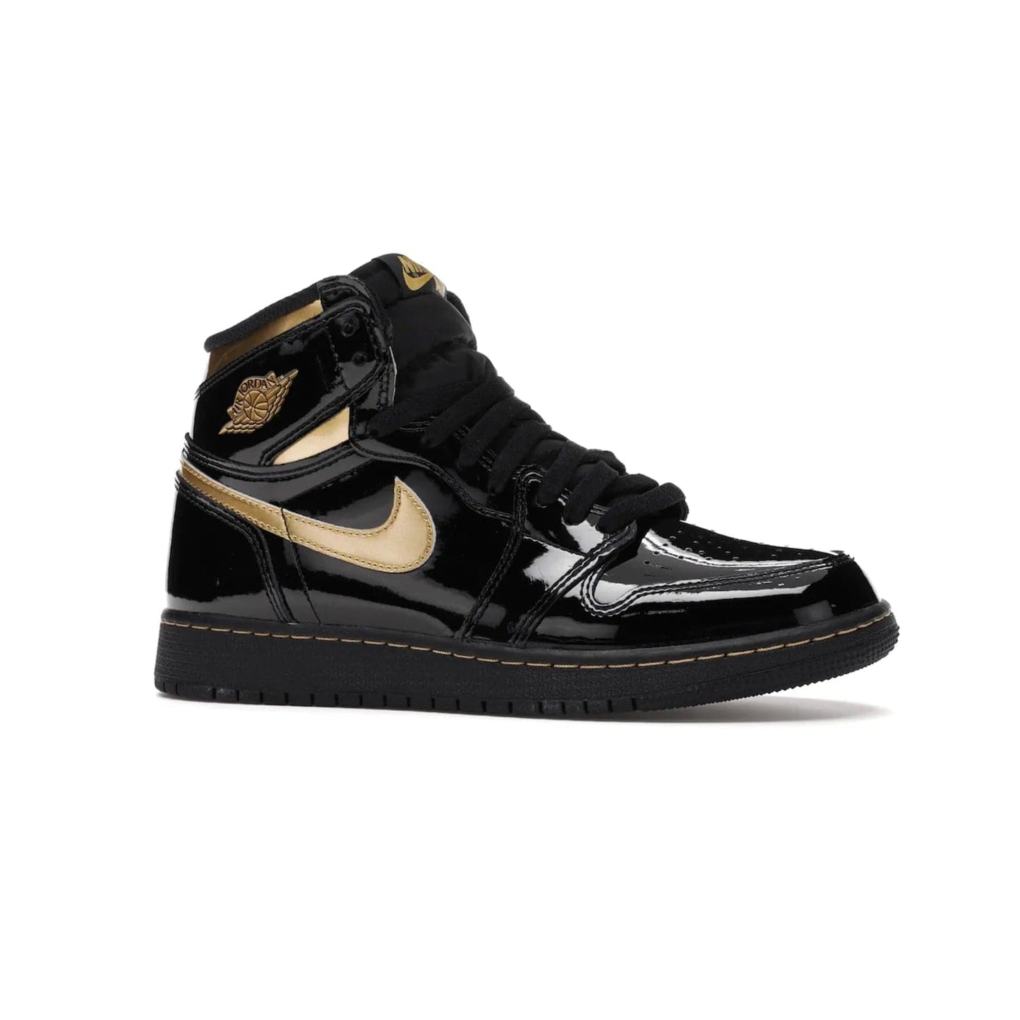 Jordan 1 Retro High Black Metallic Gold (2020) (GS) - Image 3 - Only at www.BallersClubKickz.com - Shop the Kids Air Jordan 1 Retro High in Black Metallic Gold for a stylish and comfortable sneaker kids can love. Featuring black and metallic gold patent leather uppers, metallic gold accents, and an Air sole unit for extra cushioning.
