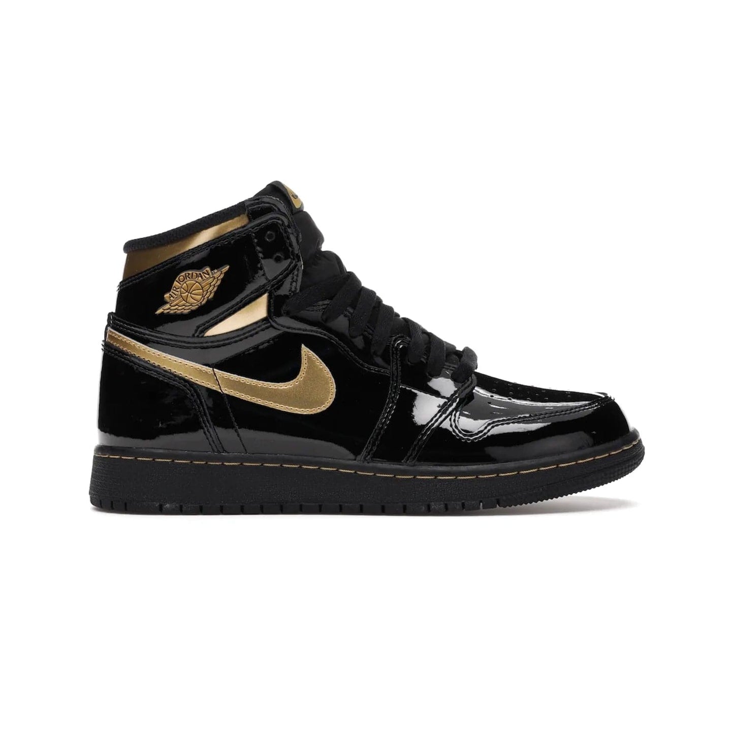 Jordan 1 Retro High Black Metallic Gold (2020) (GS) - Image 1 - Only at www.BallersClubKickz.com - Shop the Kids Air Jordan 1 Retro High in Black Metallic Gold for a stylish and comfortable sneaker kids can love. Featuring black and metallic gold patent leather uppers, metallic gold accents, and an Air sole unit for extra cushioning.