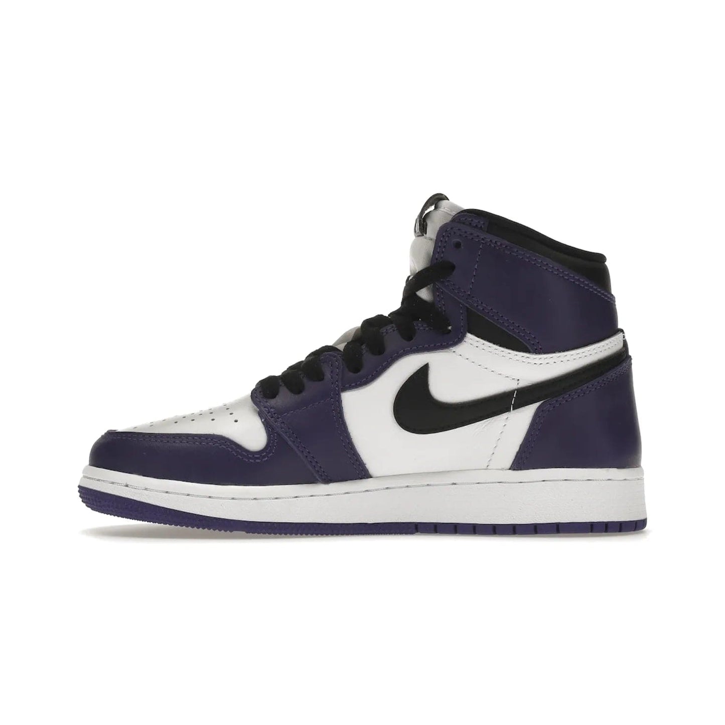Jordan 1 Retro High Court Purple White (GS) - Image 19 - Only at www.BallersClubKickz.com - The Air Jordan 1 Retro High Court Purple is here and young sneaker heads can show off classic style. Features a white tumbled leather upper, black swoosh, purple overlays, black collar with purple overlay, white tongue, black patch with purple Nike Air logo and swoosh, white midsole, and purple rubber outsole with circular pattern.