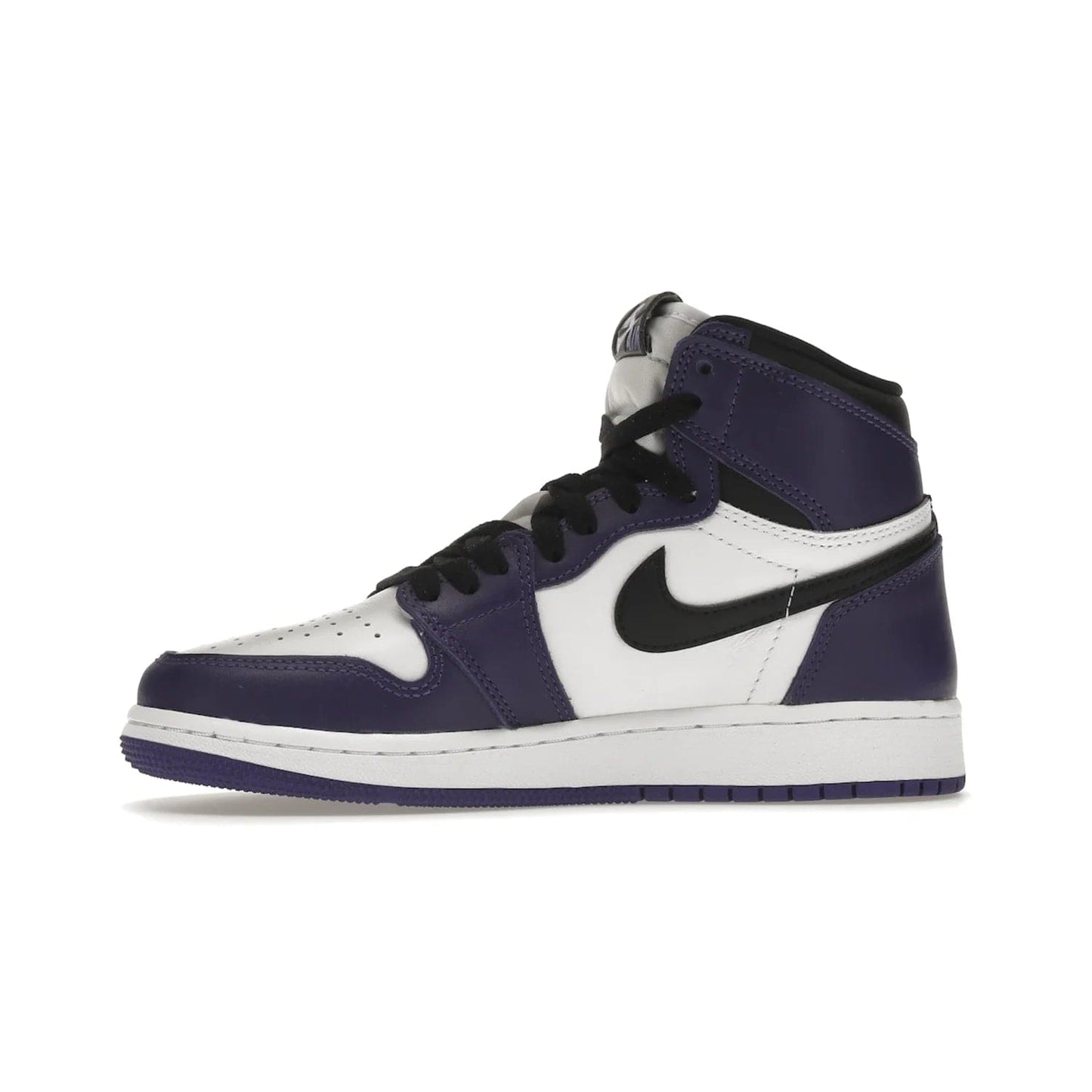 Jordan 1 Retro High Court Purple White (GS) - Image 18 - Only at www.BallersClubKickz.com - The Air Jordan 1 Retro High Court Purple is here and young sneaker heads can show off classic style. Features a white tumbled leather upper, black swoosh, purple overlays, black collar with purple overlay, white tongue, black patch with purple Nike Air logo and swoosh, white midsole, and purple rubber outsole with circular pattern.