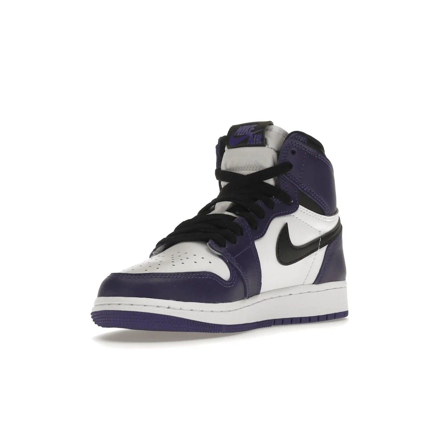 Jordan 1 Retro High Court Purple White (GS) - Image 14 - Only at www.BallersClubKickz.com - The Air Jordan 1 Retro High Court Purple is here and young sneaker heads can show off classic style. Features a white tumbled leather upper, black swoosh, purple overlays, black collar with purple overlay, white tongue, black patch with purple Nike Air logo and swoosh, white midsole, and purple rubber outsole with circular pattern.