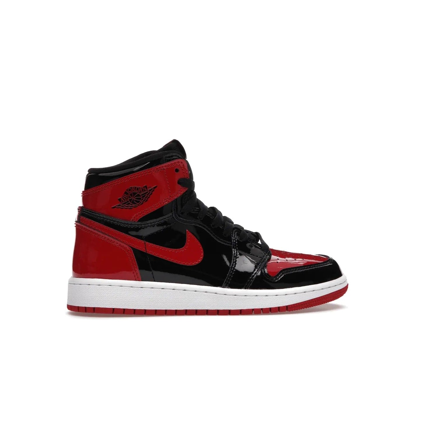 Jordan 1 Retro High OG Patent Bred (GS) - Image 36 - Only at www.BallersClubKickz.com - Upgrade your sneaker game with the iconic Air Jordan 1 Retro High OG Bred Patent GS. Crafted with premium patent leather and basketball-inspired details for a classic look, they also feature an encapsulated Air-sole cushioning and enhanced red rubber outsole. Don't miss this timeless sneaker with a striking black, white, and varsity red colorway, dropping December 2021.