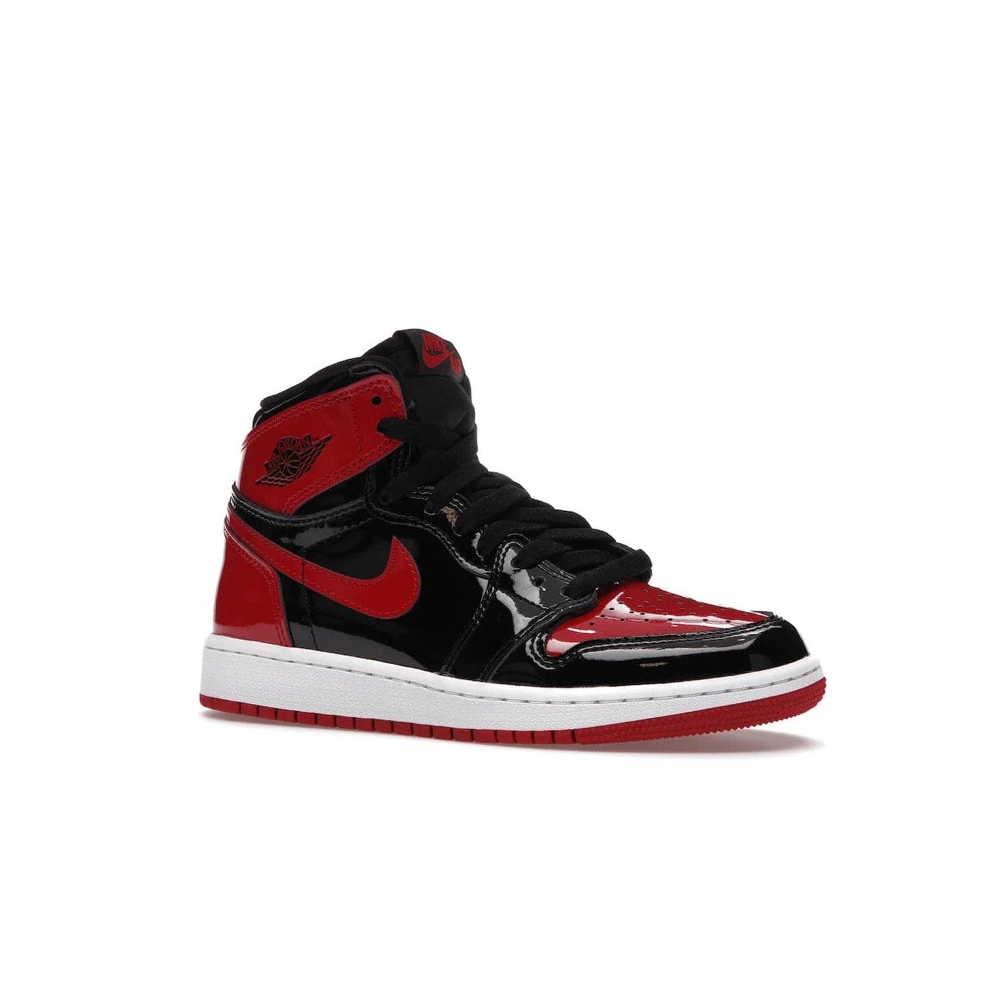 Jordan 1 Retro High OG Patent Bred (GS) - Image 4 - Only at www.BallersClubKickz.com - Upgrade your sneaker game with the iconic Air Jordan 1 Retro High OG Bred Patent GS. Crafted with premium patent leather and basketball-inspired details for a classic look, they also feature an encapsulated Air-sole cushioning and enhanced red rubber outsole. Don't miss this timeless sneaker with a striking black, white, and varsity red colorway, dropping December 2021.