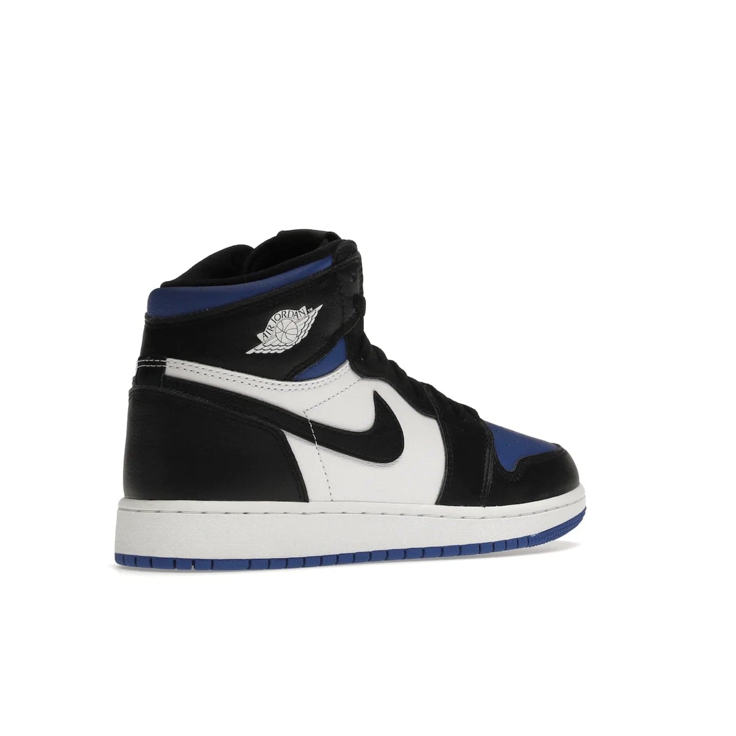 Jordan 1 Retro High Royal Toe (GS) - Image 33 - Only at www.BallersClubKickz.com - Take your sneaker wardrobe to the next level with the Jordan 1 Retro High Royal Toe (GS). Combining classic design with a luxurious white and royal blue leather upper, a textured black Swoosh and a tapered outsole. Stand out with the Air Jordan Wings logo near the heel.