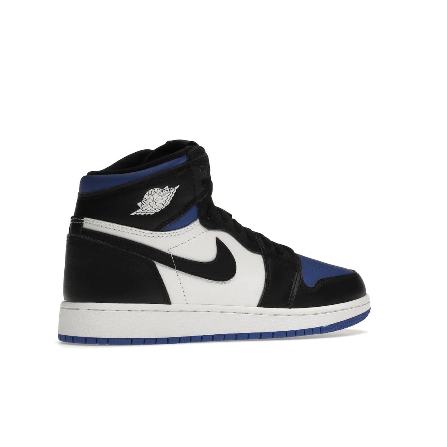 Jordan 1 Retro High Royal Toe (GS) - Image 34 - Only at www.BallersClubKickz.com - Take your sneaker wardrobe to the next level with the Jordan 1 Retro High Royal Toe (GS). Combining classic design with a luxurious white and royal blue leather upper, a textured black Swoosh and a tapered outsole. Stand out with the Air Jordan Wings logo near the heel.