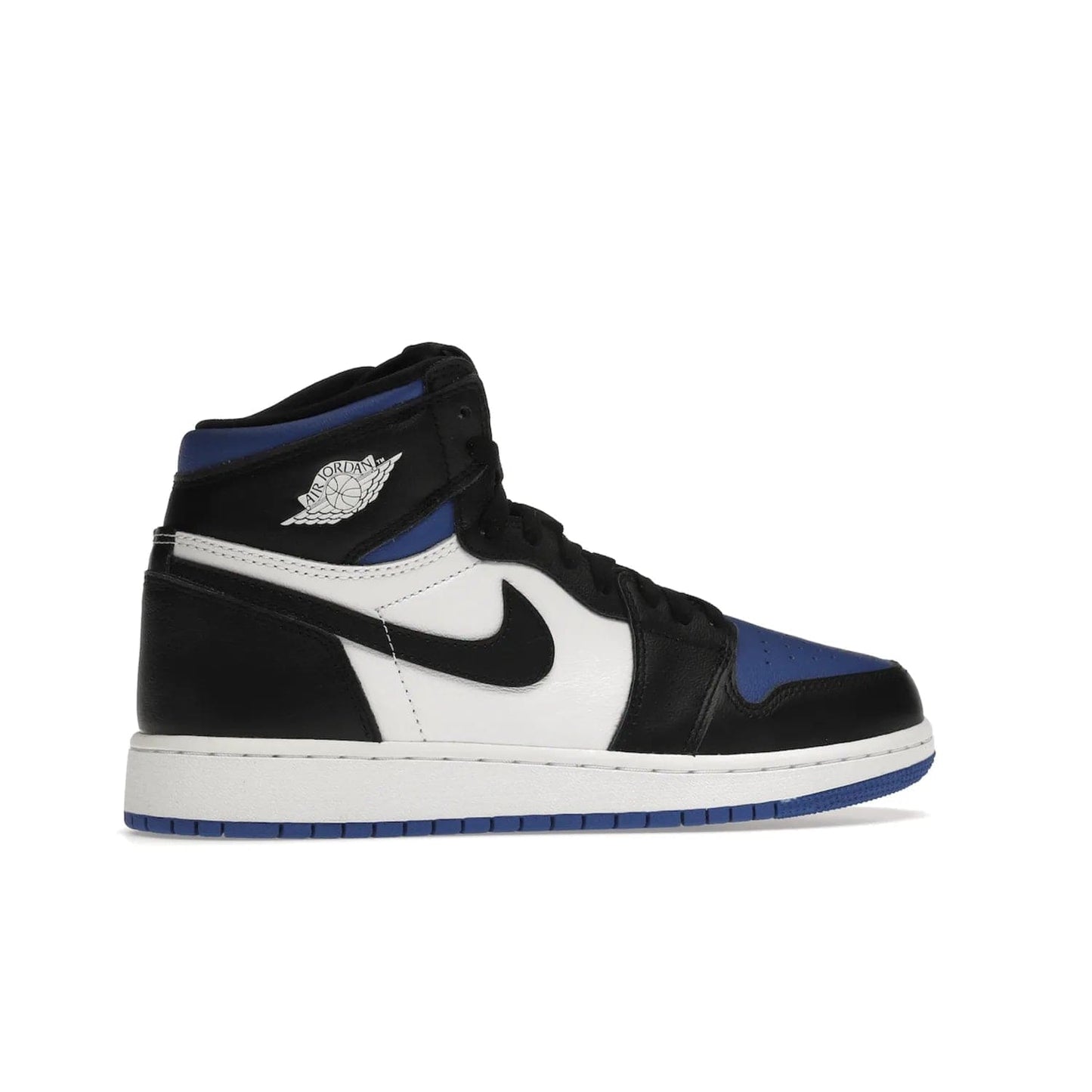Jordan 1 Retro High Royal Toe (GS) - Image 35 - Only at www.BallersClubKickz.com - Take your sneaker wardrobe to the next level with the Jordan 1 Retro High Royal Toe (GS). Combining classic design with a luxurious white and royal blue leather upper, a textured black Swoosh and a tapered outsole. Stand out with the Air Jordan Wings logo near the heel.