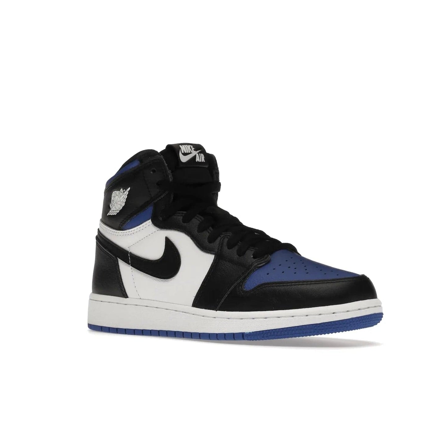 Jordan 1 Retro High Royal Toe (GS) - Image 5 - Only at www.BallersClubKickz.com - Take your sneaker wardrobe to the next level with the Jordan 1 Retro High Royal Toe (GS). Combining classic design with a luxurious white and royal blue leather upper, a textured black Swoosh and a tapered outsole. Stand out with the Air Jordan Wings logo near the heel.