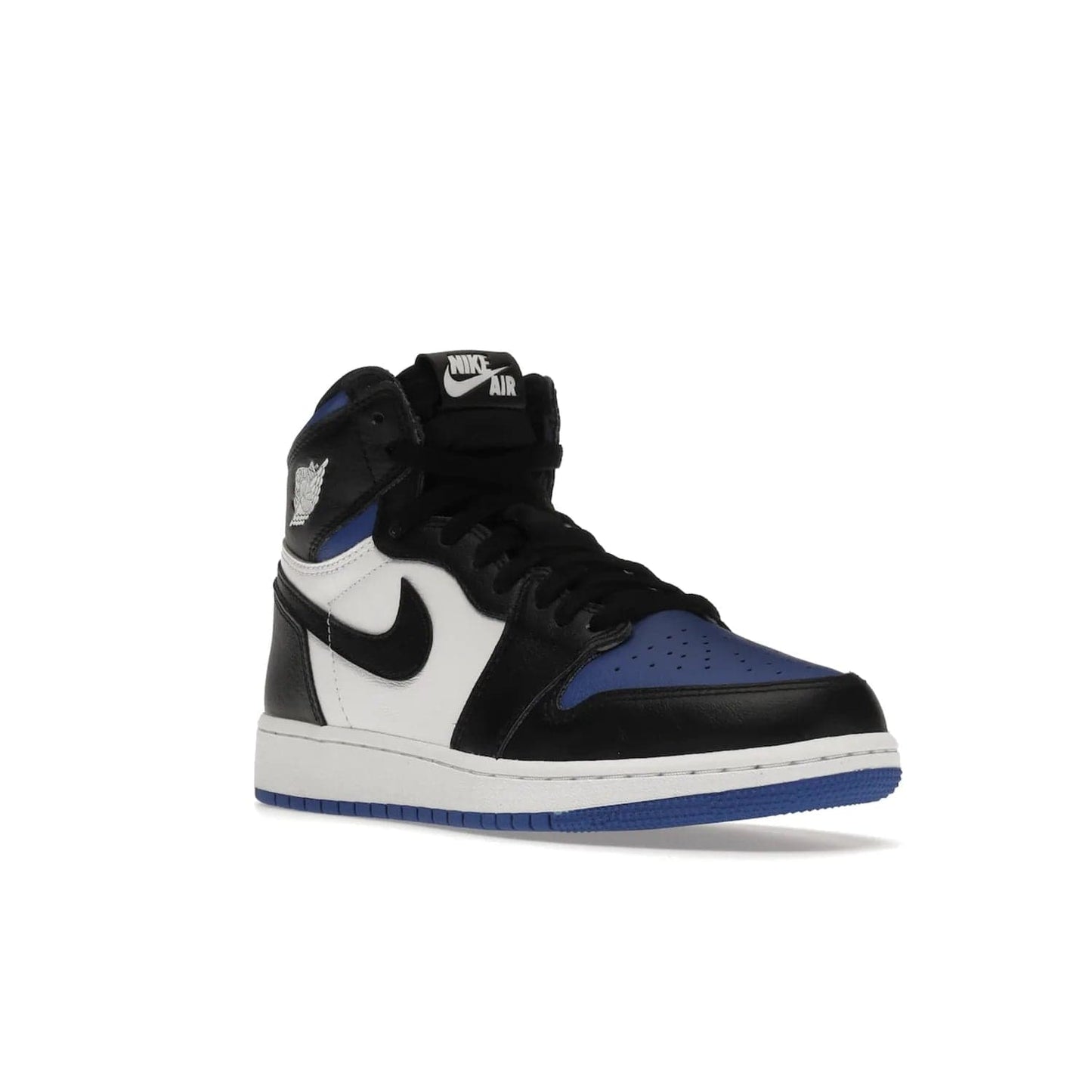 Jordan 1 Retro High Royal Toe (GS) - Image 6 - Only at www.BallersClubKickz.com - Take your sneaker wardrobe to the next level with the Jordan 1 Retro High Royal Toe (GS). Combining classic design with a luxurious white and royal blue leather upper, a textured black Swoosh and a tapered outsole. Stand out with the Air Jordan Wings logo near the heel.