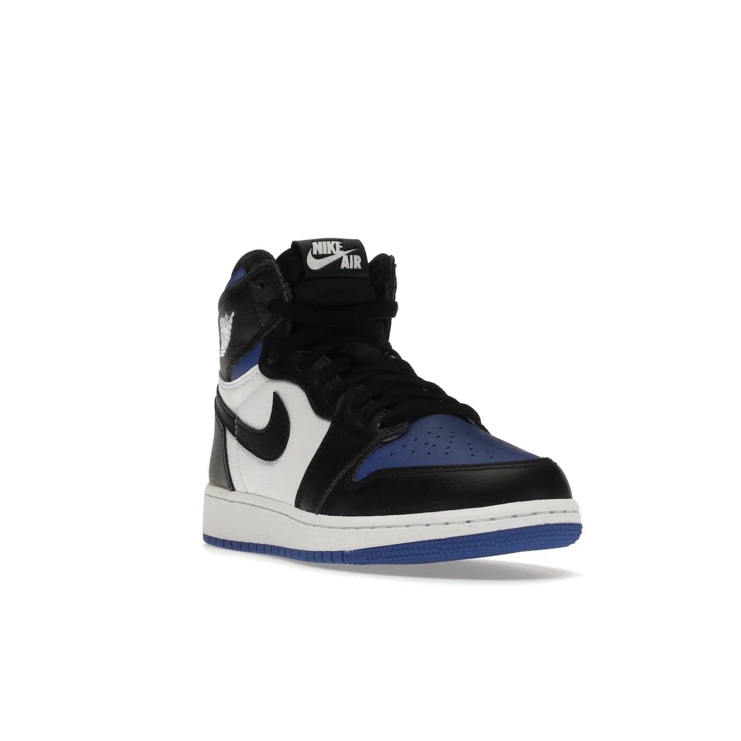 Jordan 1 Retro High Royal Toe (GS) - Image 7 - Only at www.BallersClubKickz.com - Take your sneaker wardrobe to the next level with the Jordan 1 Retro High Royal Toe (GS). Combining classic design with a luxurious white and royal blue leather upper, a textured black Swoosh and a tapered outsole. Stand out with the Air Jordan Wings logo near the heel.
