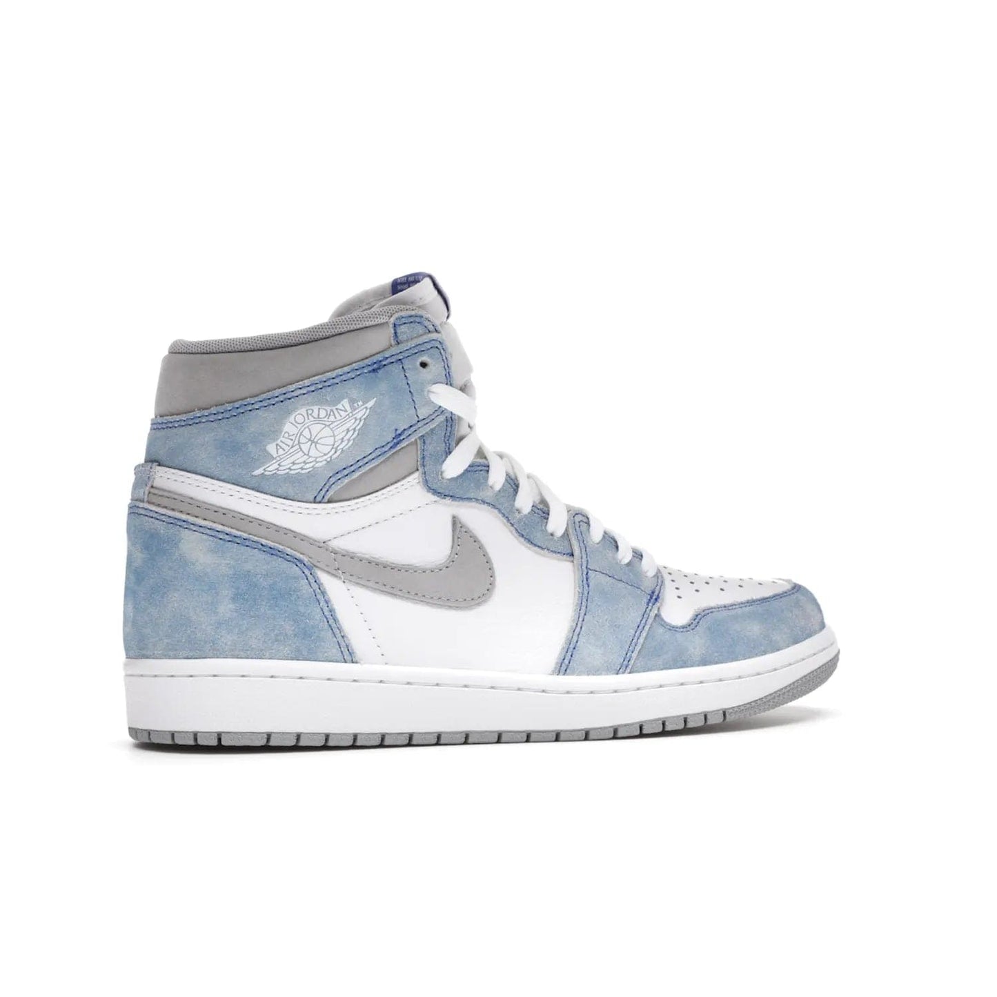 Jordan 1 Retro High OG Hyper Royal - Image 35 - Only at www.BallersClubKickz.com - A classic design with modern materials, the Air Jordan 1 Retro High OG Hyper Royal features Hyper Royal suede, Light Smoke Grey Durabuck Swoosh and ankle panels, a woven Nike Air label and a crisp white "Wings" logo. Released in April 2021.