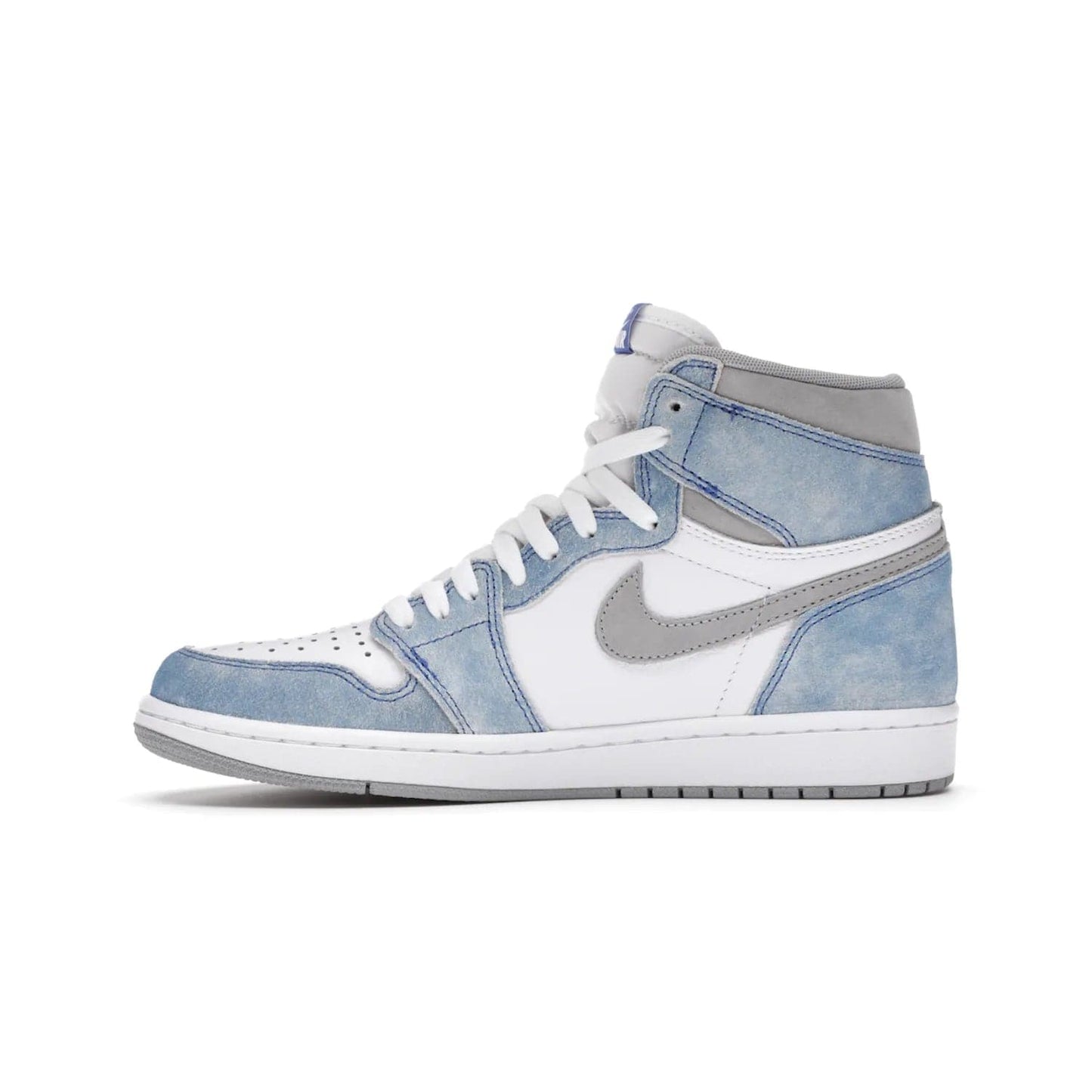 Jordan 1 Retro High OG Hyper Royal - Image 19 - Only at www.BallersClubKickz.com - A classic design with modern materials, the Air Jordan 1 Retro High OG Hyper Royal features Hyper Royal suede, Light Smoke Grey Durabuck Swoosh and ankle panels, a woven Nike Air label and a crisp white "Wings" logo. Released in April 2021.