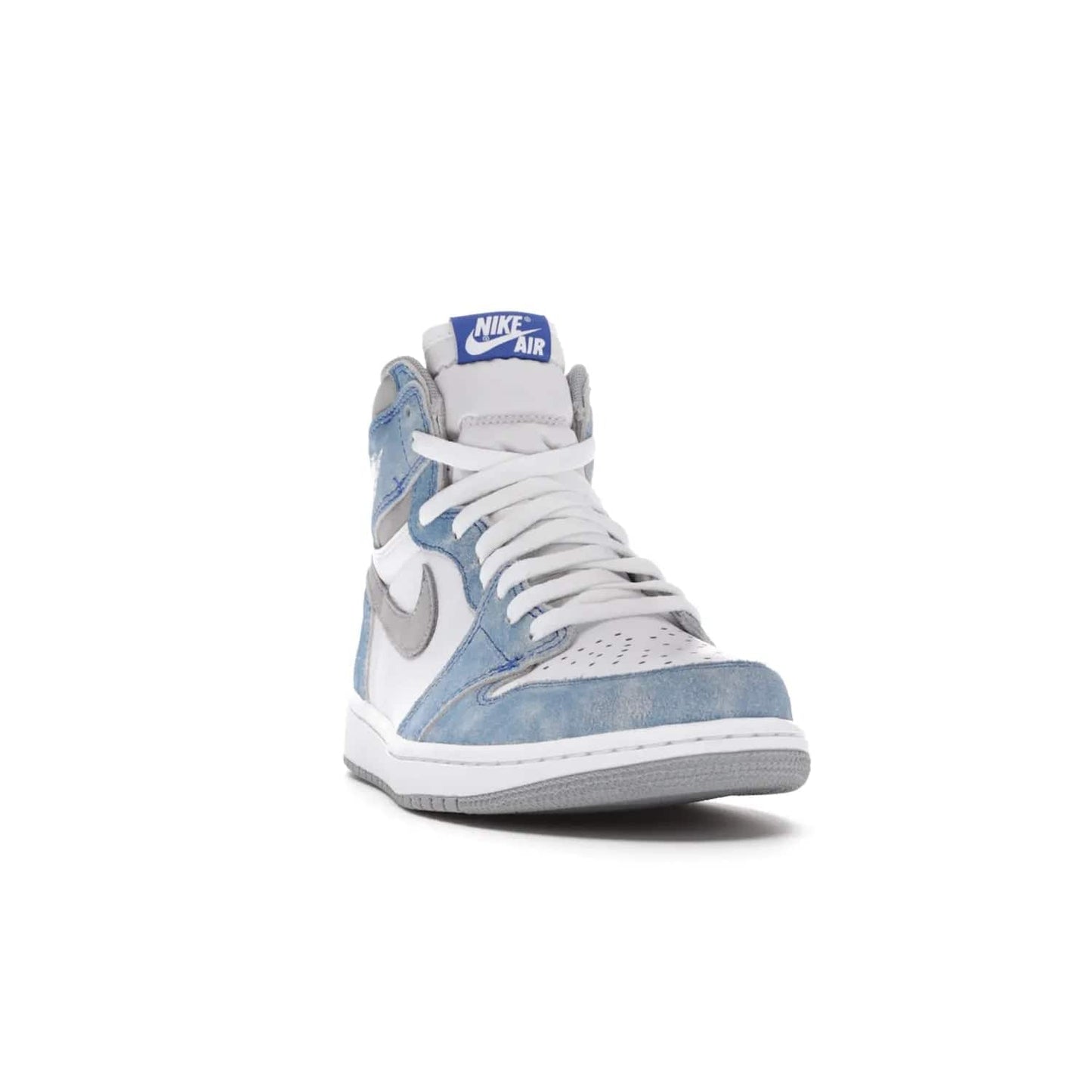 Jordan 1 Retro High OG Hyper Royal - Image 8 - Only at www.BallersClubKickz.com - A classic design with modern materials, the Air Jordan 1 Retro High OG Hyper Royal features Hyper Royal suede, Light Smoke Grey Durabuck Swoosh and ankle panels, a woven Nike Air label and a crisp white "Wings" logo. Released in April 2021.