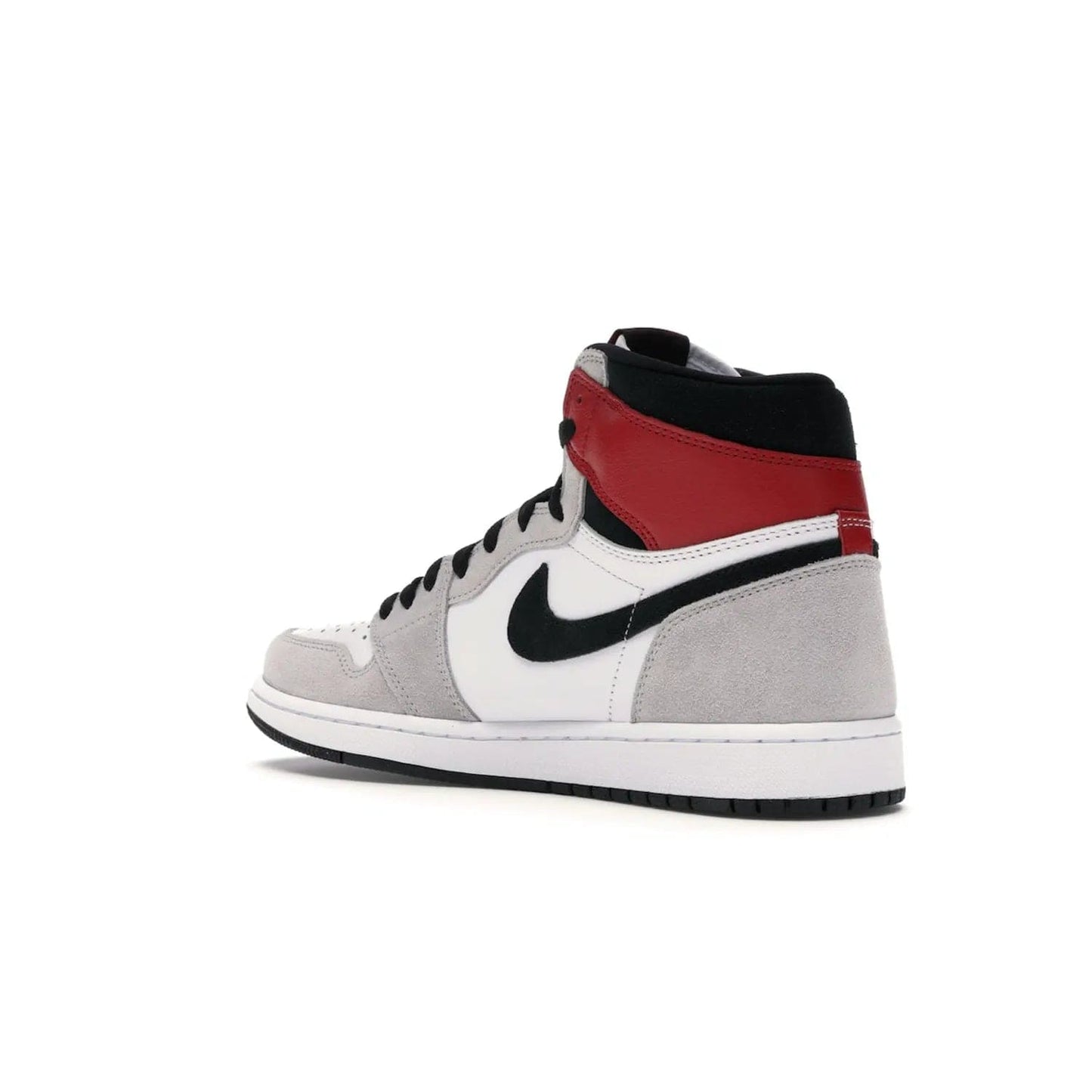 Jordan 1 Retro High Light Smoke Grey - Image 23 - Only at www.BallersClubKickz.com - Comfortable and stylish, Jordan 1 Retro High Light Smoke Grey offers a unique spin on a classic design. White leather, grey suede, red leather and black details are set on a white midsole and black outsole. Get the sneaker released in July 2020 and add a twist to your wardrobe.