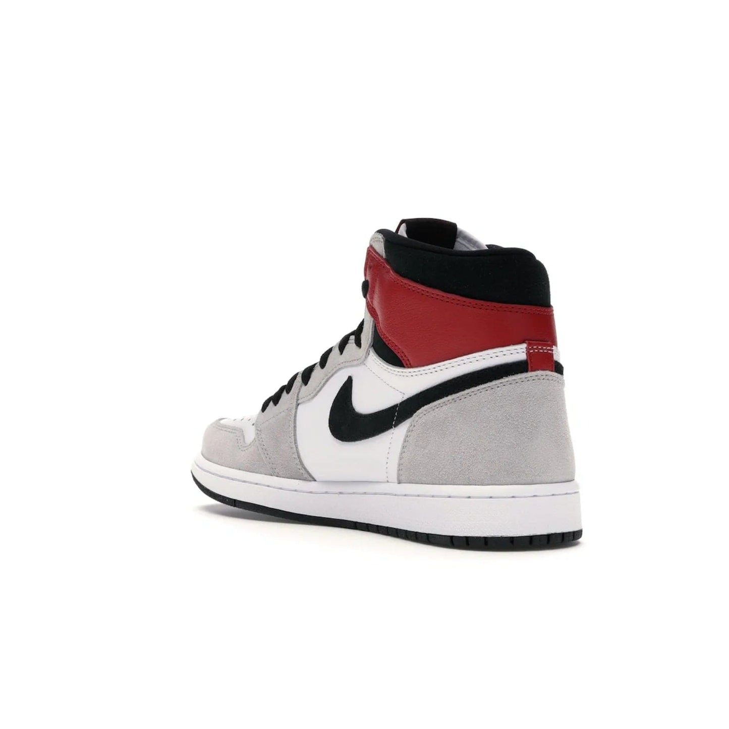Jordan 1 Retro High Light Smoke Grey - Image 24 - Only at www.BallersClubKickz.com - Comfortable and stylish, Jordan 1 Retro High Light Smoke Grey offers a unique spin on a classic design. White leather, grey suede, red leather and black details are set on a white midsole and black outsole. Get the sneaker released in July 2020 and add a twist to your wardrobe.