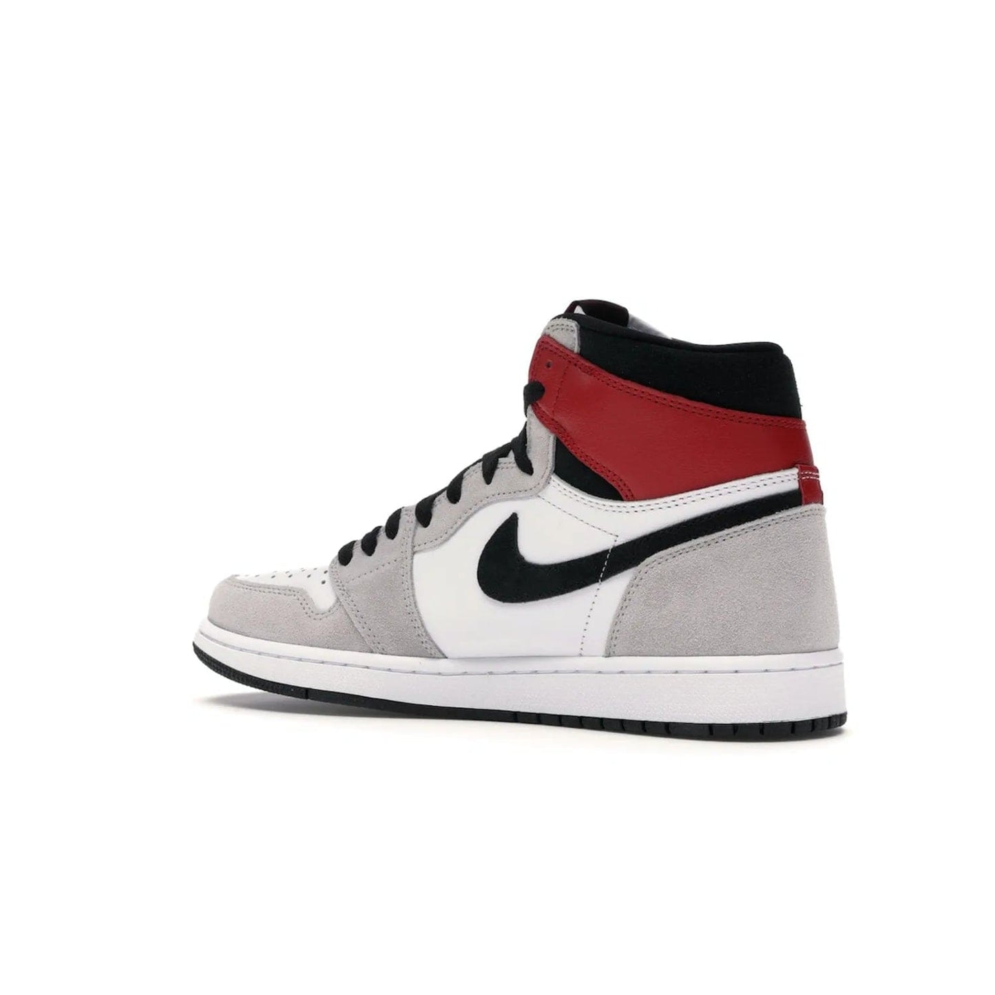 Jordan 1 Retro High Light Smoke Grey - Image 22 - Only at www.BallersClubKickz.com - Comfortable and stylish, Jordan 1 Retro High Light Smoke Grey offers a unique spin on a classic design. White leather, grey suede, red leather and black details are set on a white midsole and black outsole. Get the sneaker released in July 2020 and add a twist to your wardrobe.