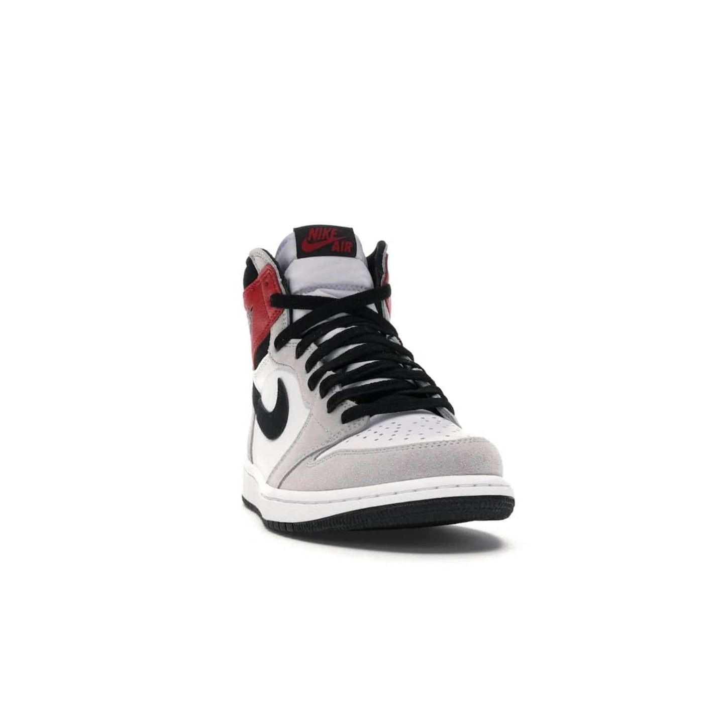 Jordan 1 Retro High Light Smoke Grey - Image 8 - Only at www.BallersClubKickz.com - Comfortable and stylish, Jordan 1 Retro High Light Smoke Grey offers a unique spin on a classic design. White leather, grey suede, red leather and black details are set on a white midsole and black outsole. Get the sneaker released in July 2020 and add a twist to your wardrobe.