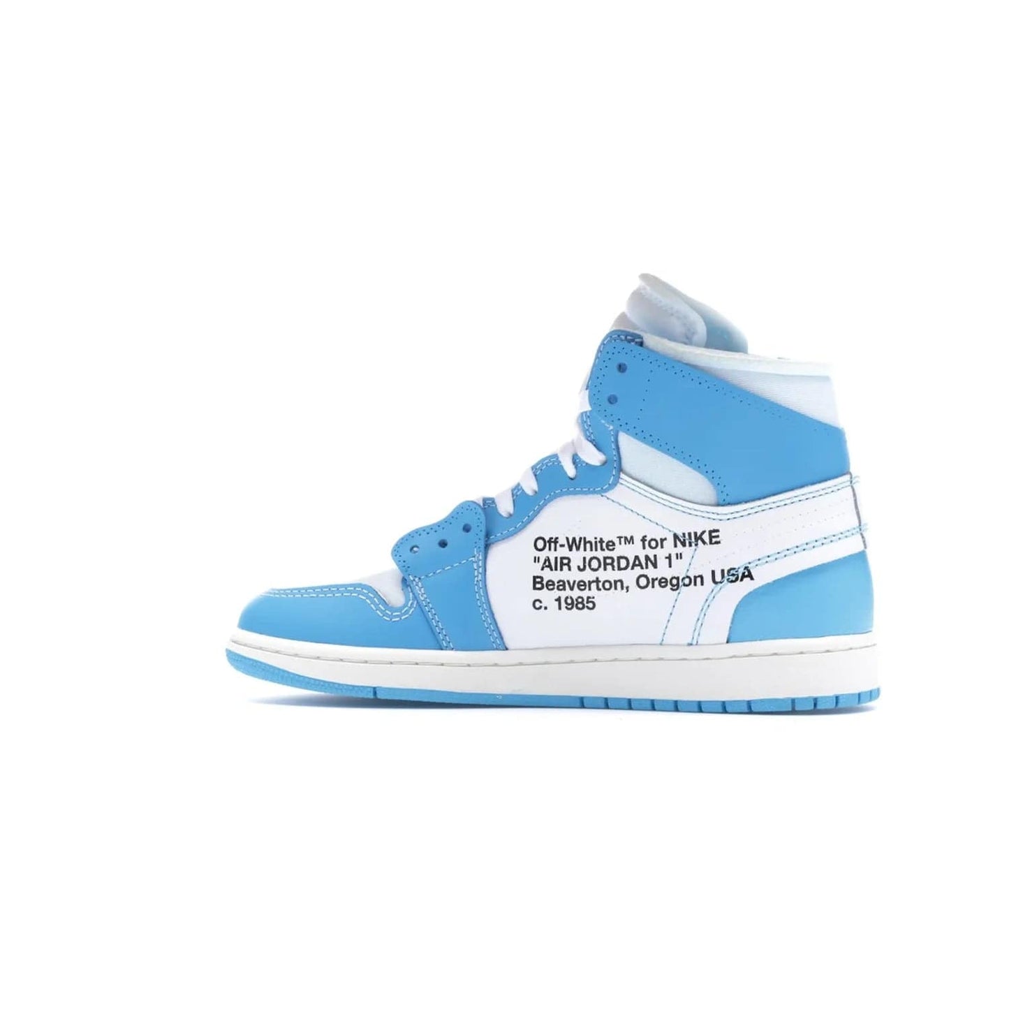 Jordan 1 Retro High Off-White University Blue - Image 21 - Only at www.BallersClubKickz.com - Classic Jordan 1 Retro High "Off-White UNC" sneakers meld style and comfort. Boasting deconstructed white and blue leather, Off-White detailing, and a white, dark powder blue and cone colorway, these sneakers are perfect for dressing up or down. Get the iconic Off-White Jordan 1's and upgrade your look.