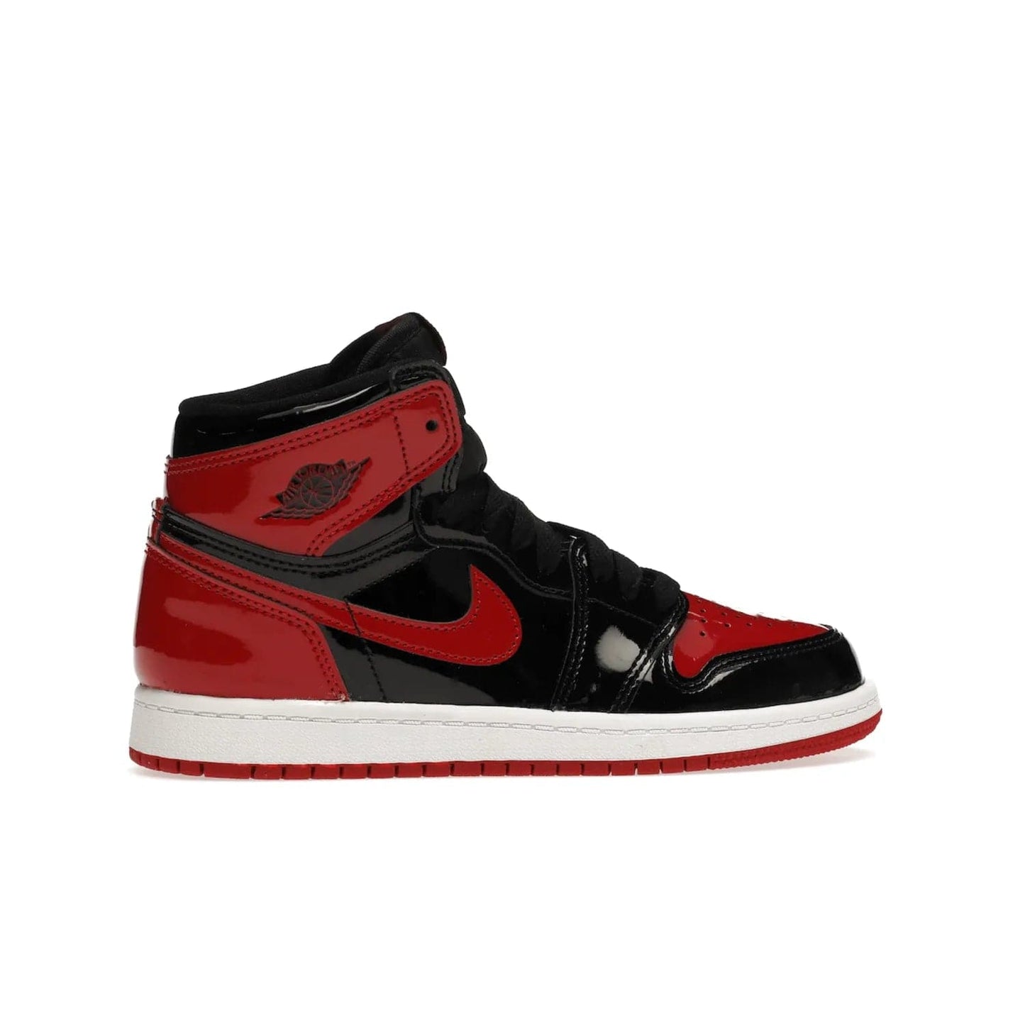 Jordan 1 Retro High OG Patent Bred (PS) - Image 36 - Only at www.BallersClubKickz.com - A timeless classic, the Air Jordan 1 Retro High OG Bred Patent PS features patent leather and debossed Air Jordan Wings motifs. Classic black, white and varsity red colourway on a comfortable and stylish sneaker. Shop this must-have now.