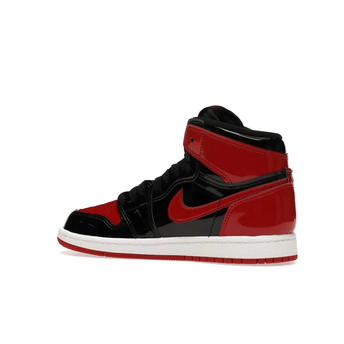 Jordan 1 Retro High OG Patent Bred (PS) - Image 22 - Only at www.BallersClubKickz.com - A timeless classic, the Air Jordan 1 Retro High OG Bred Patent PS features patent leather and debossed Air Jordan Wings motifs. Classic black, white and varsity red colourway on a comfortable and stylish sneaker. Shop this must-have now.
