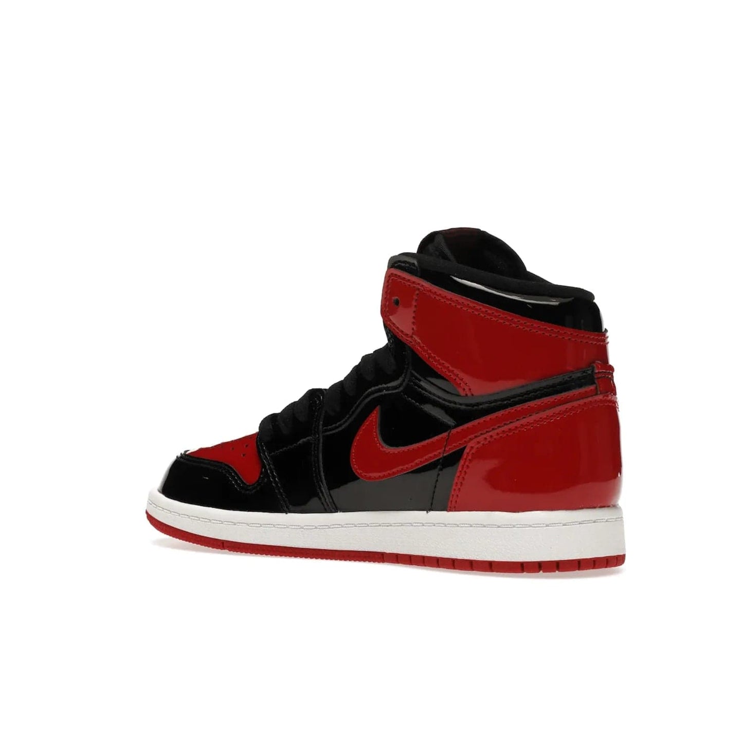 Jordan 1 Retro High OG Patent Bred (PS) - Image 23 - Only at www.BallersClubKickz.com - A timeless classic, the Air Jordan 1 Retro High OG Bred Patent PS features patent leather and debossed Air Jordan Wings motifs. Classic black, white and varsity red colourway on a comfortable and stylish sneaker. Shop this must-have now.