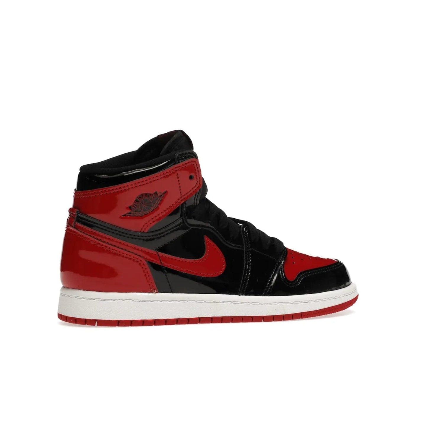 Jordan 1 Retro High OG Patent Bred (PS) - Image 35 - Only at www.BallersClubKickz.com - A timeless classic, the Air Jordan 1 Retro High OG Bred Patent PS features patent leather and debossed Air Jordan Wings motifs. Classic black, white and varsity red colourway on a comfortable and stylish sneaker. Shop this must-have now.