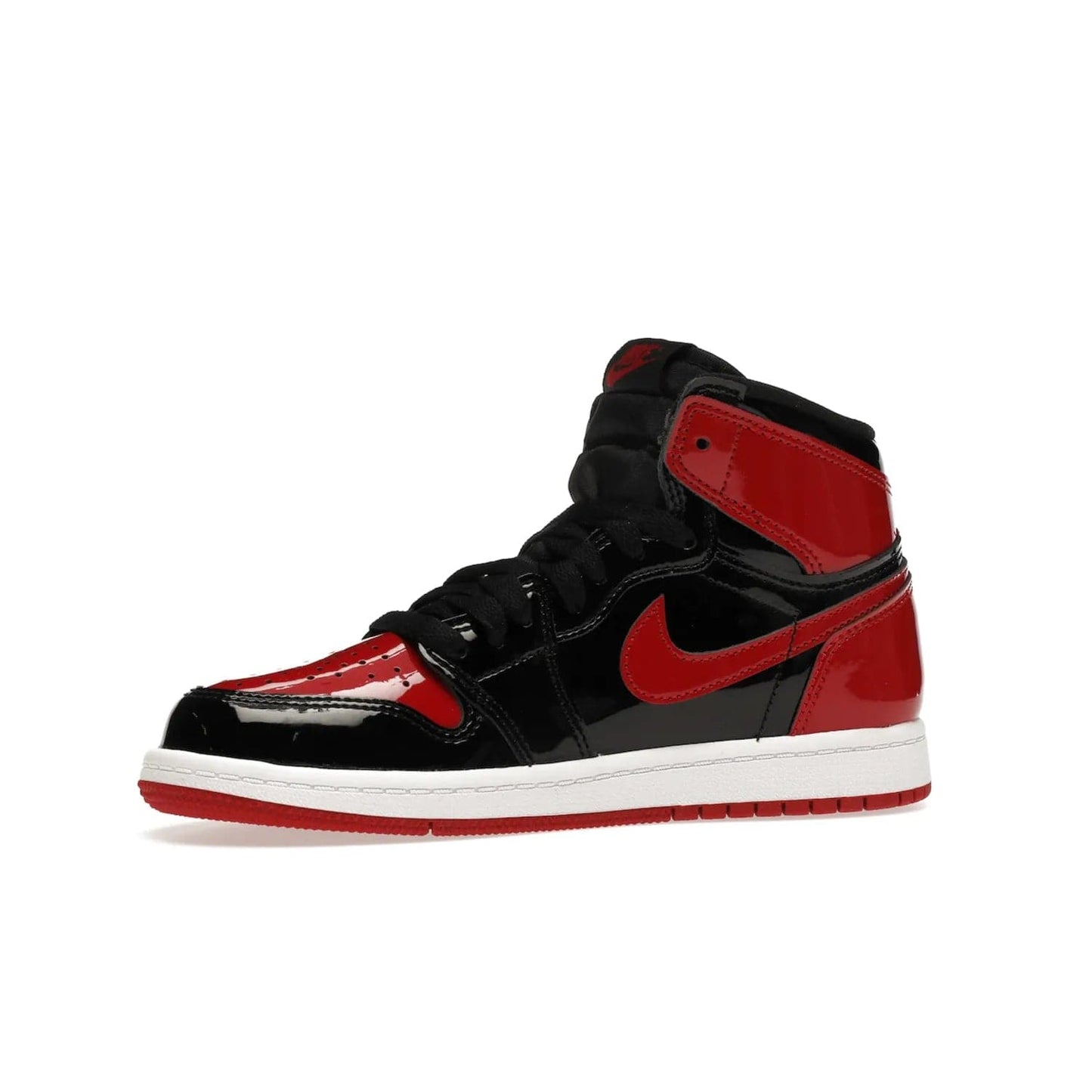 Jordan 1 Retro High OG Patent Bred (PS) - Image 17 - Only at www.BallersClubKickz.com - A timeless classic, the Air Jordan 1 Retro High OG Bred Patent PS features patent leather and debossed Air Jordan Wings motifs. Classic black, white and varsity red colourway on a comfortable and stylish sneaker. Shop this must-have now.